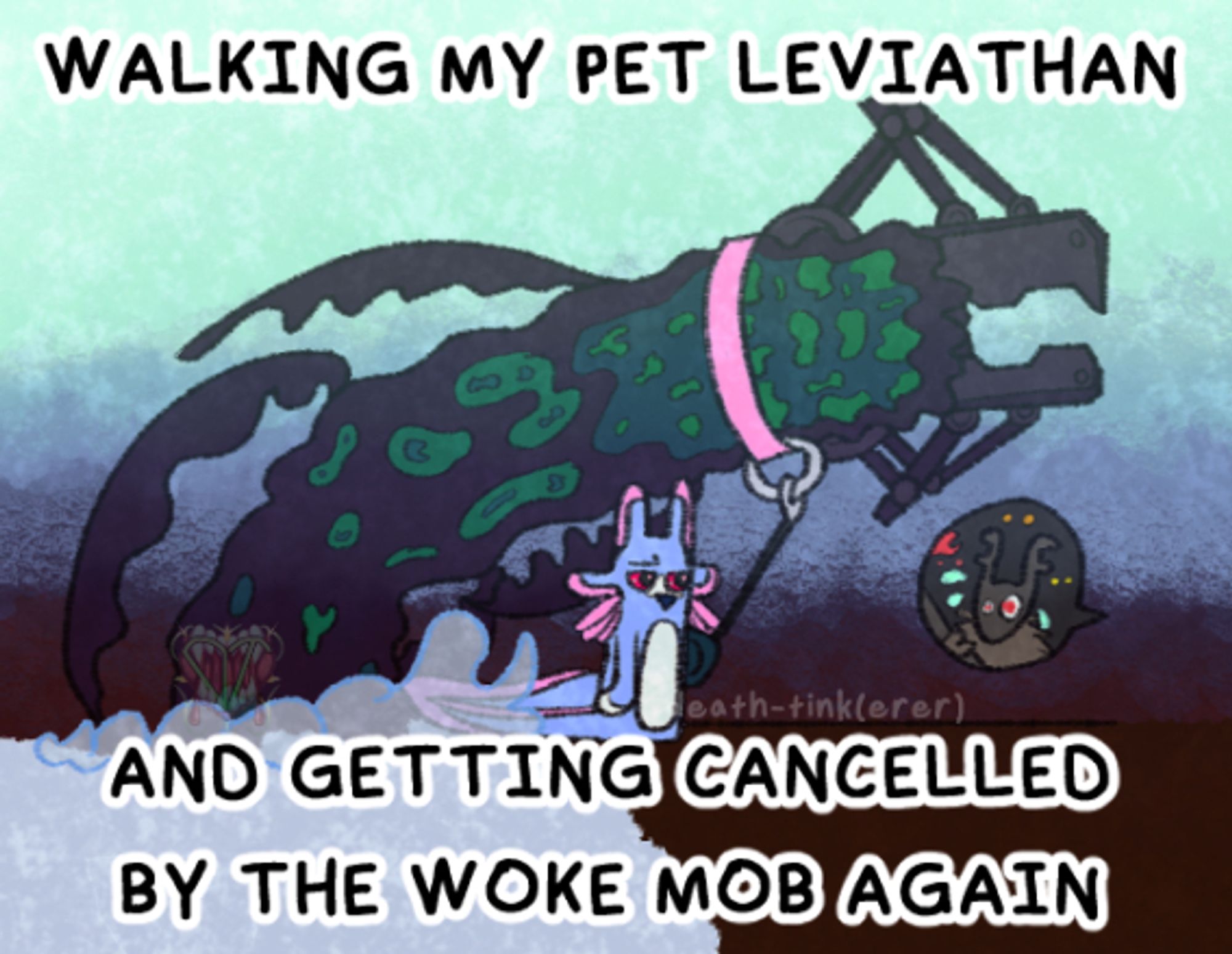 ID: A Rain World shitpost of Rivulet "walking" a Leviathan and scaring Scavengers off screen. The Leviathan is coming out of the water behind RIvulet and is wearing a pink collar that has a retractable leash held by Rivulet. Rivulet looks exhausted and has half lidded eyes, staring at the Scavengers off screen. A small dialogue bubble has a Scavanger with uneven eye sizes and sweating while holding an explosive spear, visibly terrified of the Leviathan. Overlaid on top in bold and all caps reads "Walking my pet Leviathan and getting cancelled by the woke mob again. End of ID.