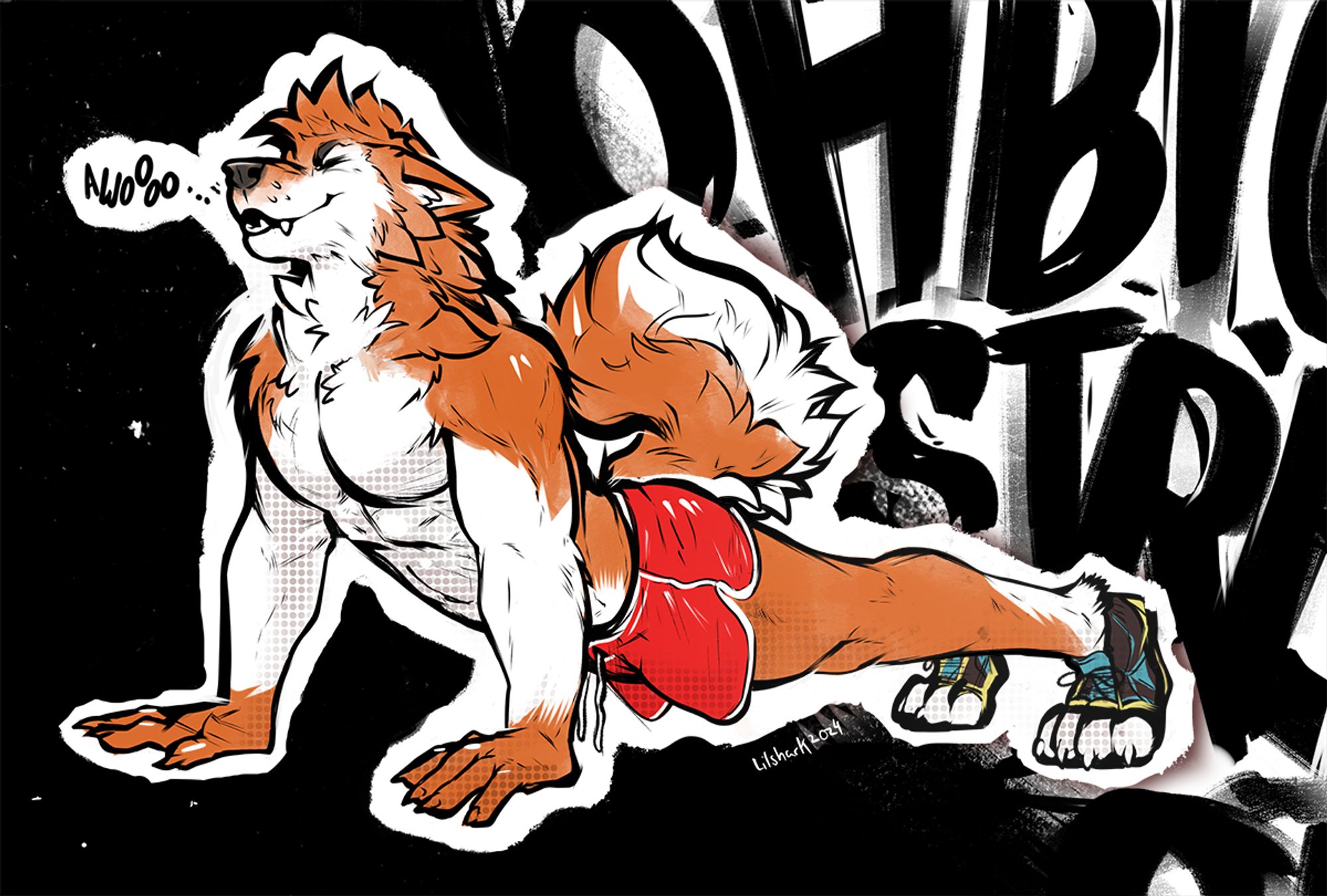 Oh big stretch! Continues. 

A cream and orange husky, wolf canid now doing a front back arch. Palms on the ground, stomach down  back and head up. His fluffy tail curled around his back. He is wearing red running shorts and shoes. Out of his mouth is a word bubble that reads in tiny letters "Awoo"