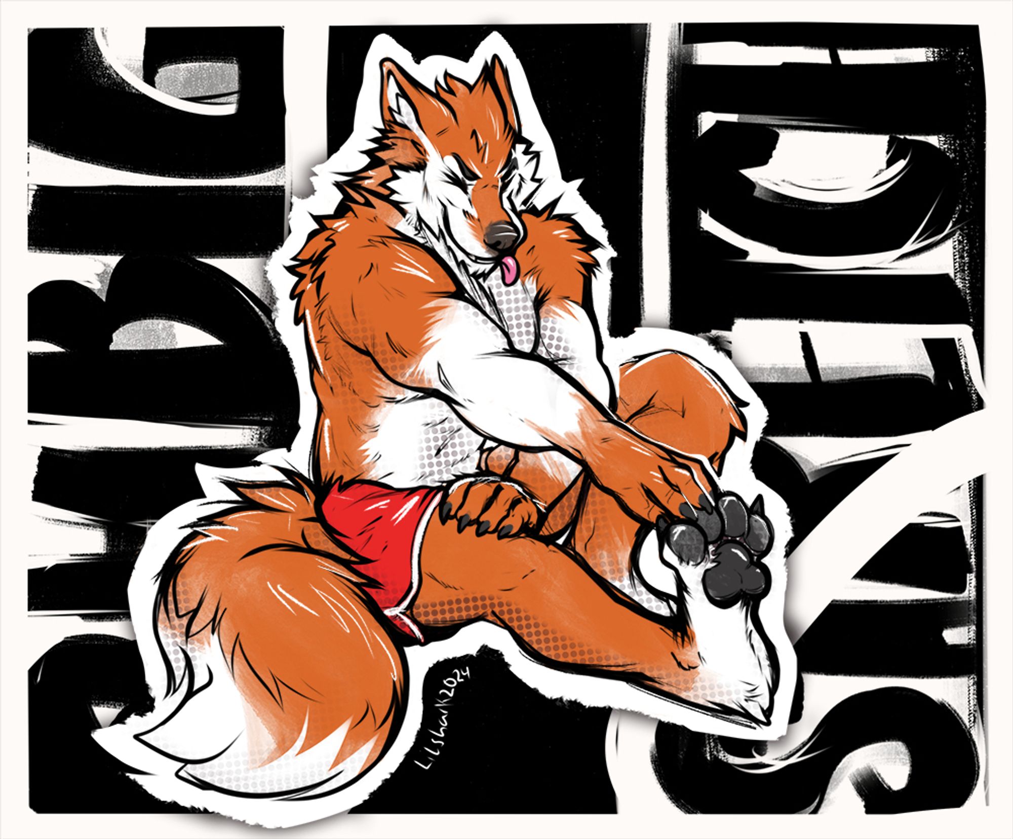 Image of orange anthro canine with white under belly and highlights stretching forward and touching his footpaw tips! His eyes are closed and his tongue is flopped out to the side. His cute, fluffy tail is curled around his side. He is also wearing red gym running shorts with white accent stripes. In the background OH BIG STRETCH is made in bold, scratchy hand writing.