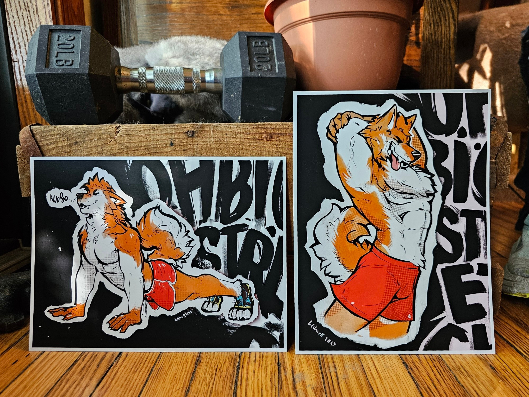 mage of two paper prints of digital art on a wooden floor with a box that has a 20lb weight, plant pot and running shoes in the background.

On the prints, there are two orange coyote/canine/wolf (with orange main coloration and white underbelly) stretching. One is doing downward dog, the other is doing an arm and shoulder stretch behind his head. The canid in each wearing with red shorts.