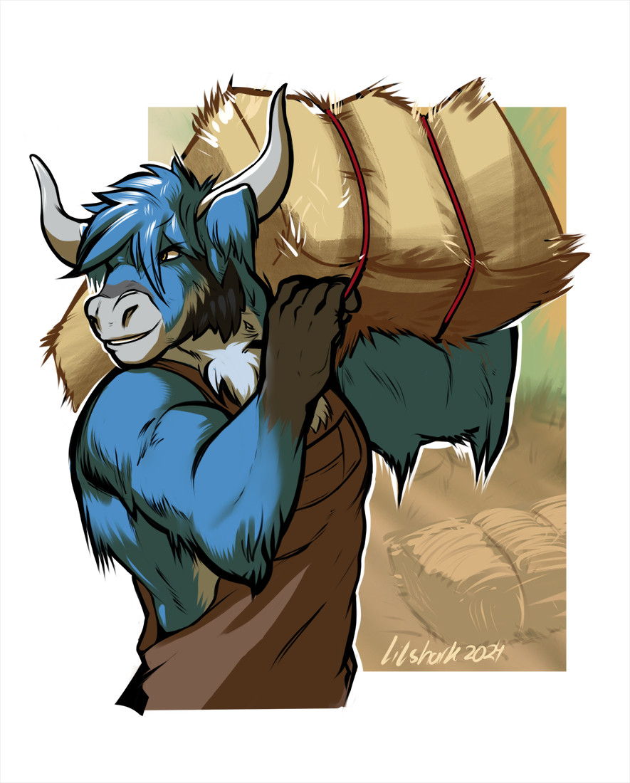 Anthro/Were highland bull! He is a blue color with a white underbelly. He also has facial  hair like darker markings that hug his chin like a beard. His horns are a gray coloration, matching the coloration of his snout. He has a bale of hay lofted over his shoulder. 

His original form was initially a griffon. What a big change!