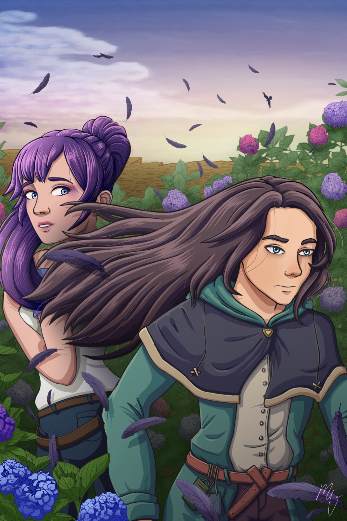 Fang turning his back on a female builder in midst of a flower field, feathers spread through the wind