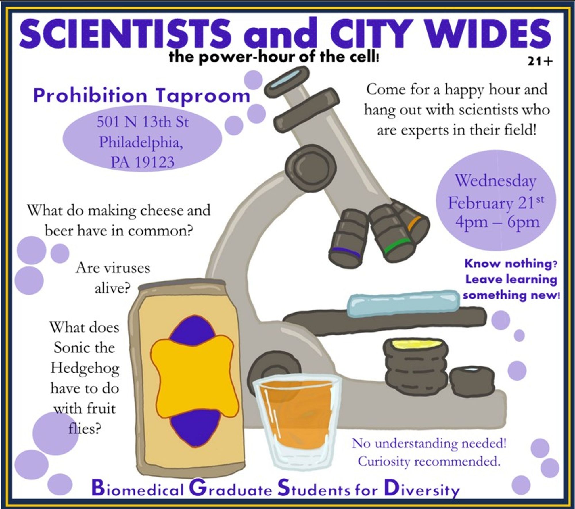 Flyer for Scientists and City Wides, event on Weds 2/21, 4-6 PM at Prohibition Tap Room. Shows a microscope and a city wide (a Philly standard drink, which is one beer plus one shot)