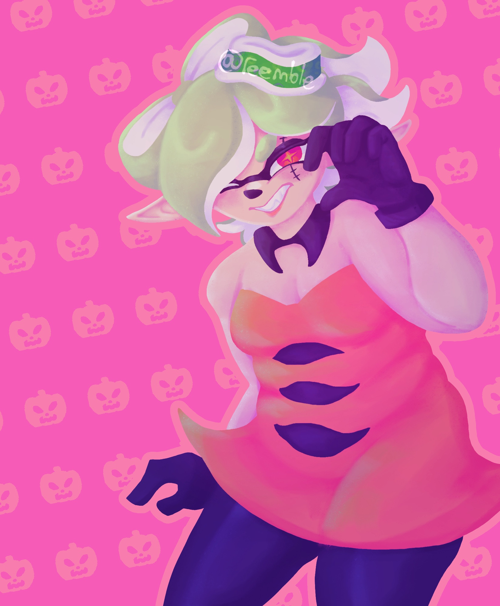 A drawing of Marie in her Splatoween outfit. Her body is in a 3/4 angle and she is facing the camera and snarling in a playful manner. Her left hand is up by her face, her fingers curled like claws. The background is hot pink with a repeating jack-o-lantern pattern. 