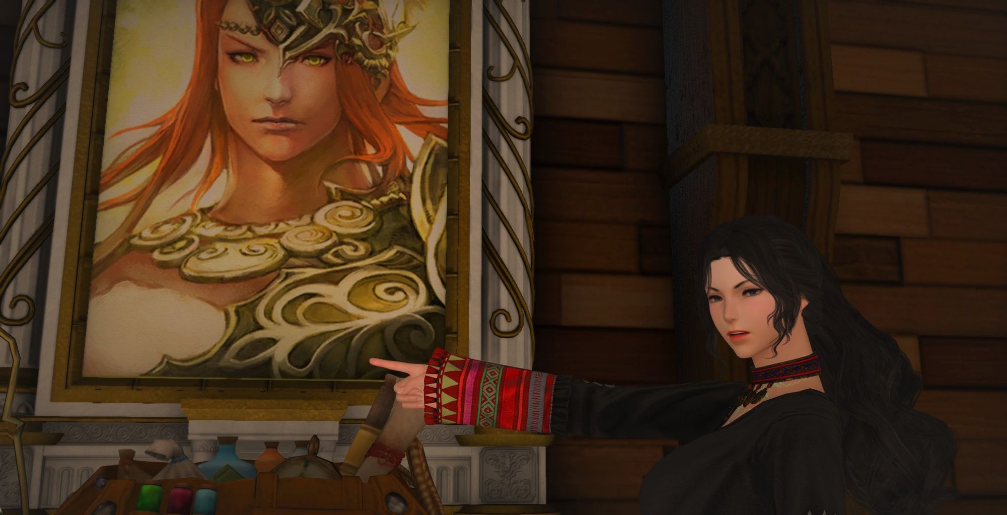 Mira, a midlander hyur, is pointing at a portrait of Oschon, god of mountains and wanderers looking annoyed and pointing at a corner of the portrait.