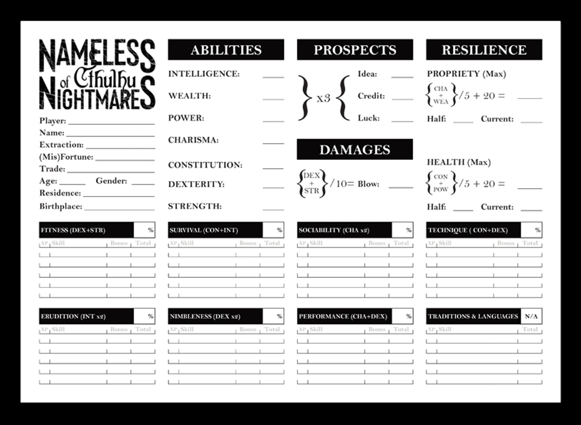 Screenshot of the Nameless Nightmares of Cthulhu character sheet