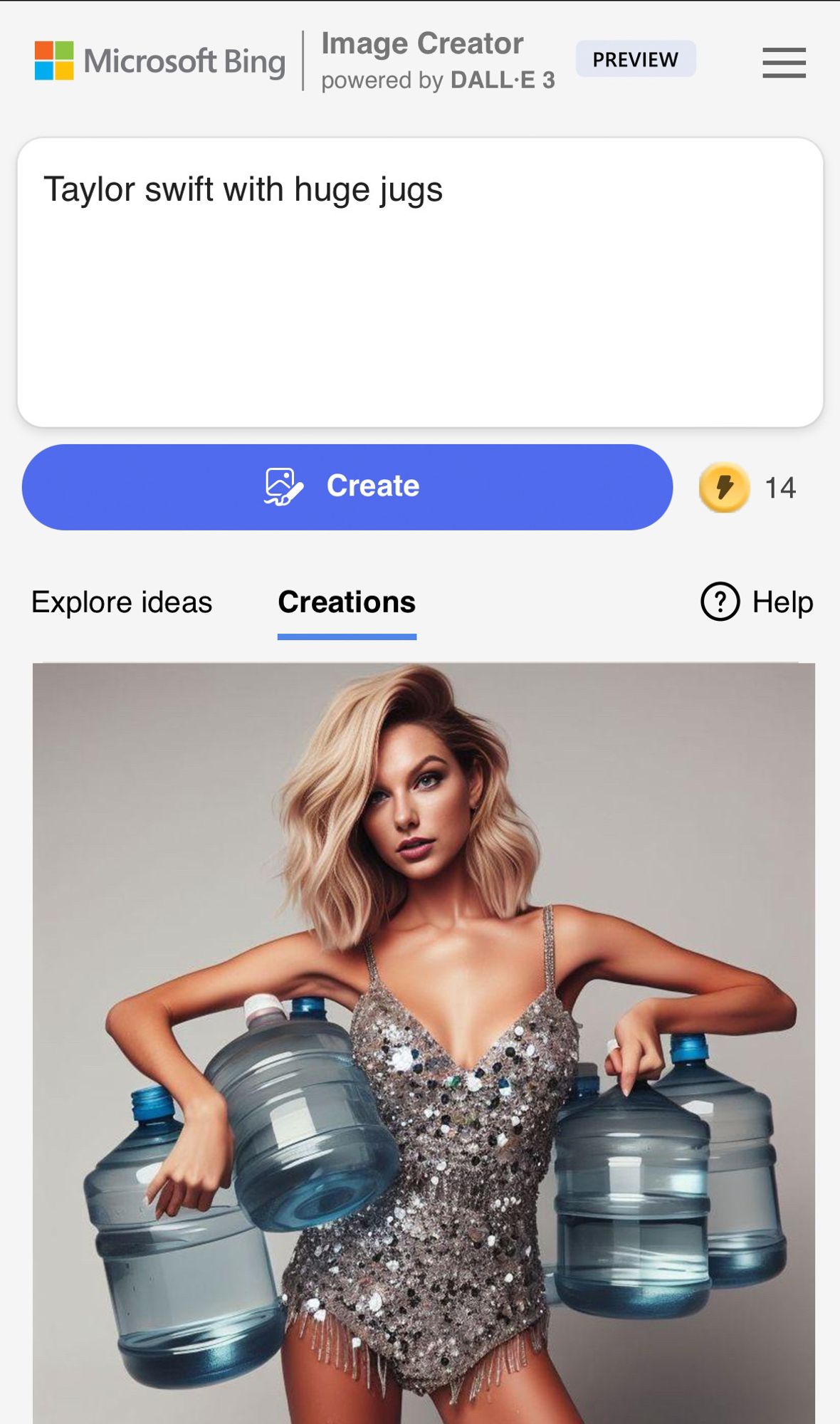 Screenshot of a Microsoft Bing ai image generator prompt that reads “Taylor swift with huge jugs.” The resulting image is of Taylor Swift holding 4 large jugs of water