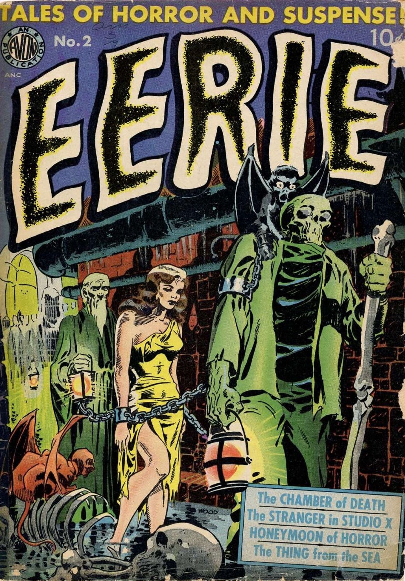 Eerie #2 (1952). On the cover, a zombie and a creepy old man are leading a chained woman into a sewer tunnel.