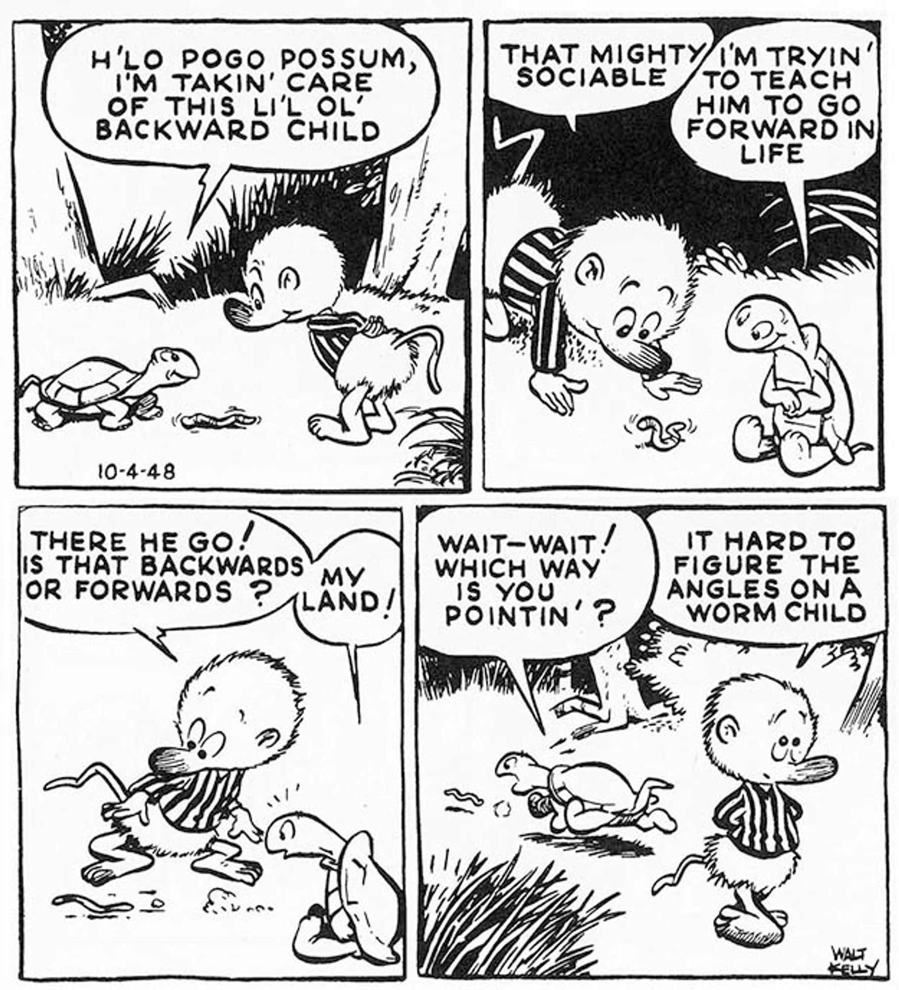 The first four-panel installment of Pogo sees Pogo Possum encounter Churchy LaFemme while he is trying to teach a small worm to go forward in life.