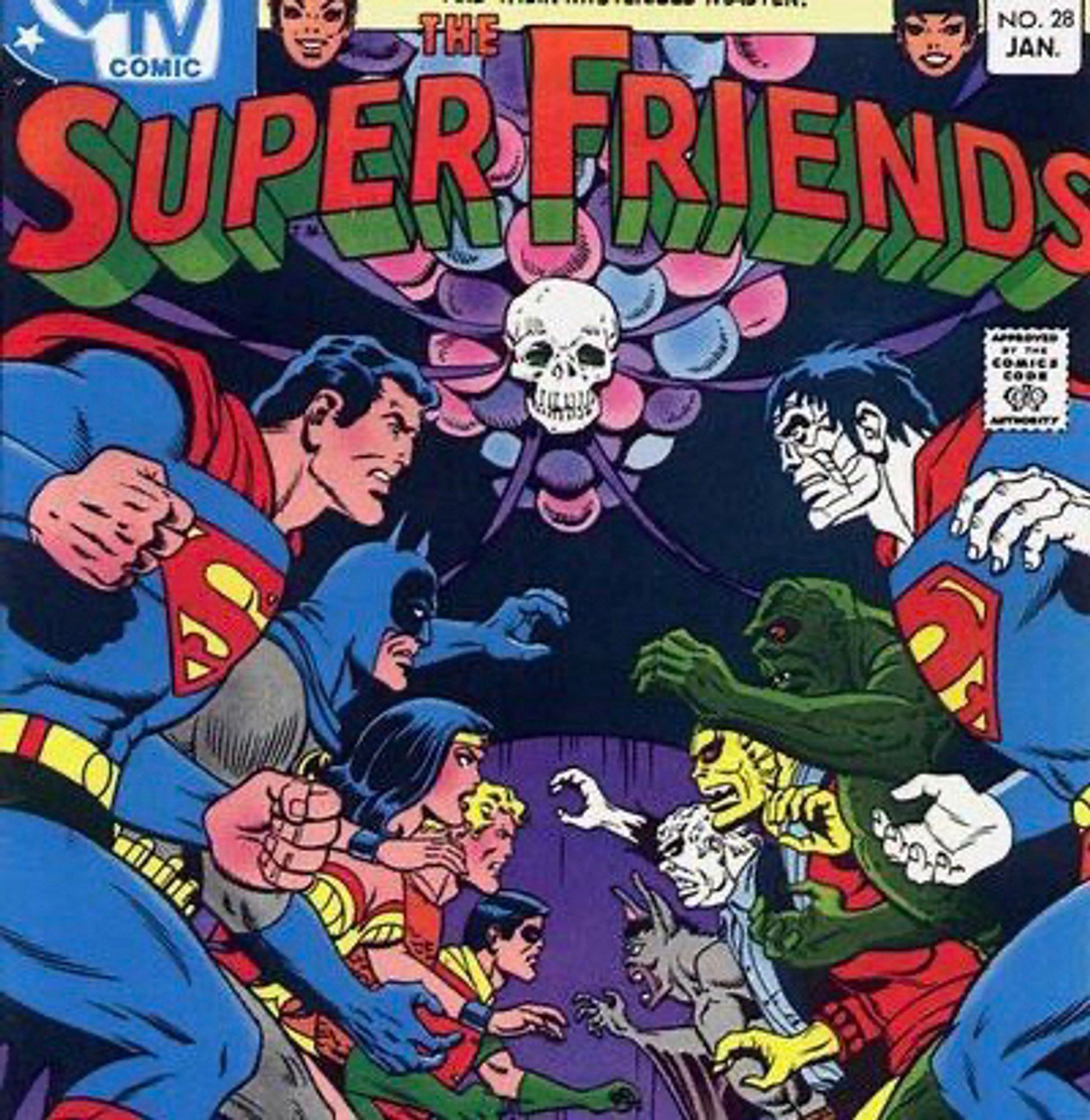 An image from a cover of a Superfriends comic written by Bridwell.