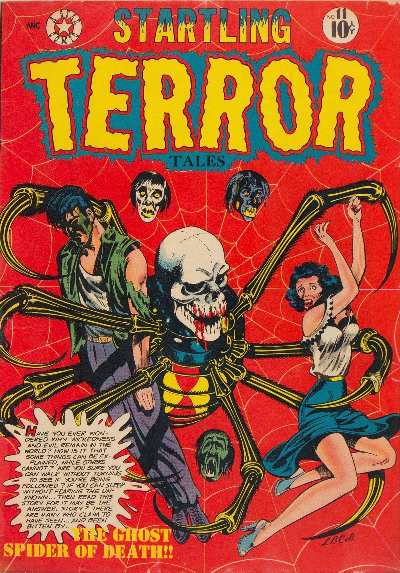 Startling Terror Tales #11 (1952). On the cover, a giant spider with a human skull for its head has captured a man and a woman. The man appears to be dead, but the woman is awake and terrified.