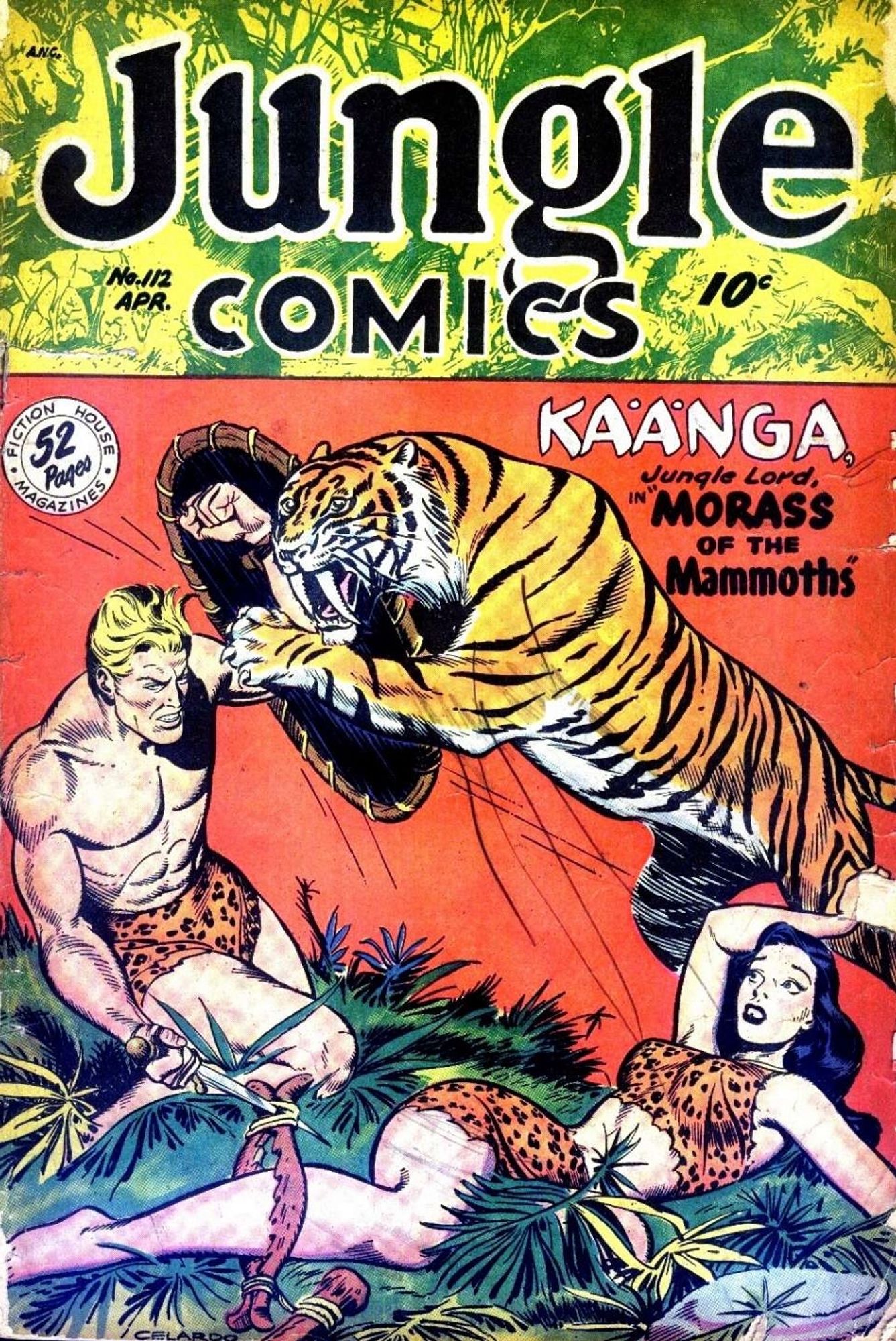 Jungle Comics #112. The cover by John Celardo shows a man wearing a leopard-skin loincloth rescuing a woman who is wearing just a leopard skin bikini from a tiger.