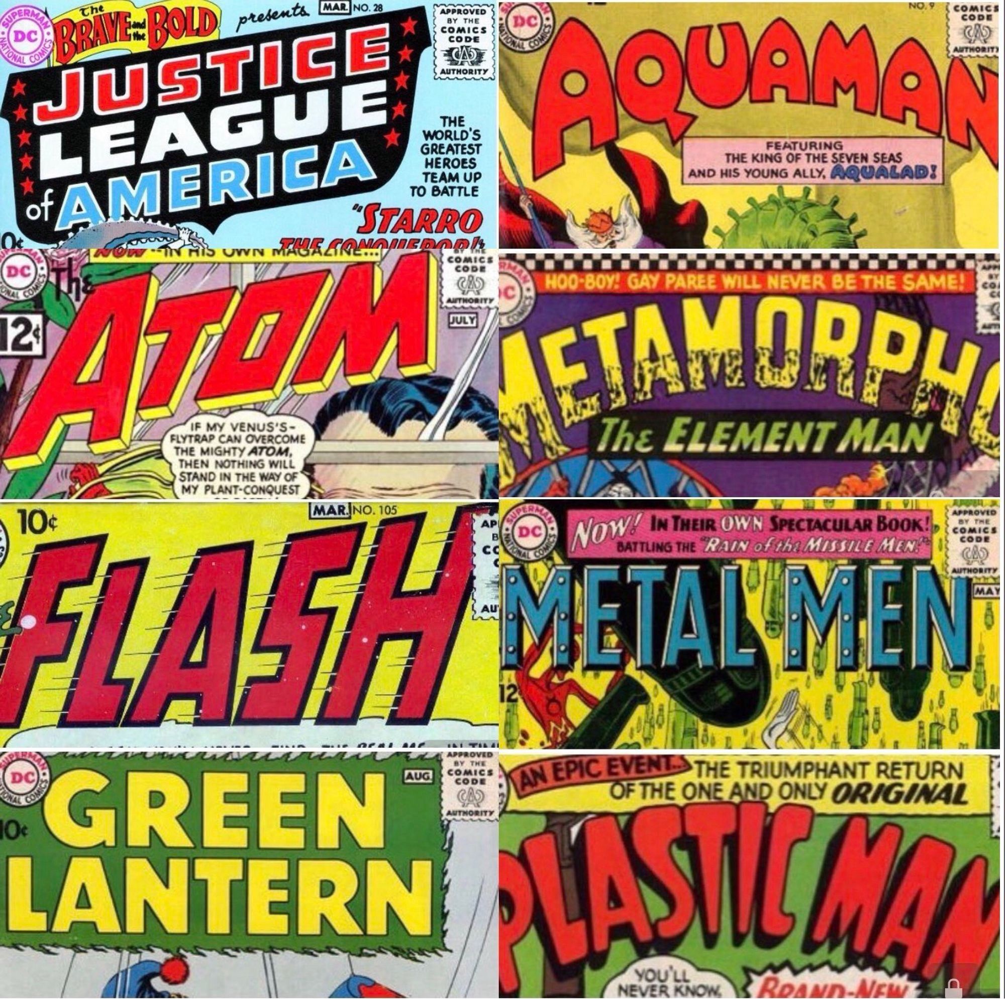 Eight logos he designed, including the Justice League of America, Aquaman, Atom, Metamorpho, Flash, Metal Men, Green Lantern, and Plastic Man.