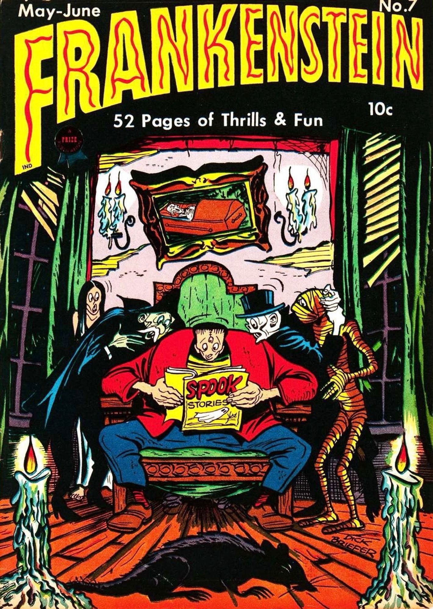 Frankenstein #7 (1947), Frankenstein & other classic Halloween monsters read a copy of “Spook Stories” together while a rat scurries across the floor in front of them. Drawn in Briefer’s very cartoonish style.