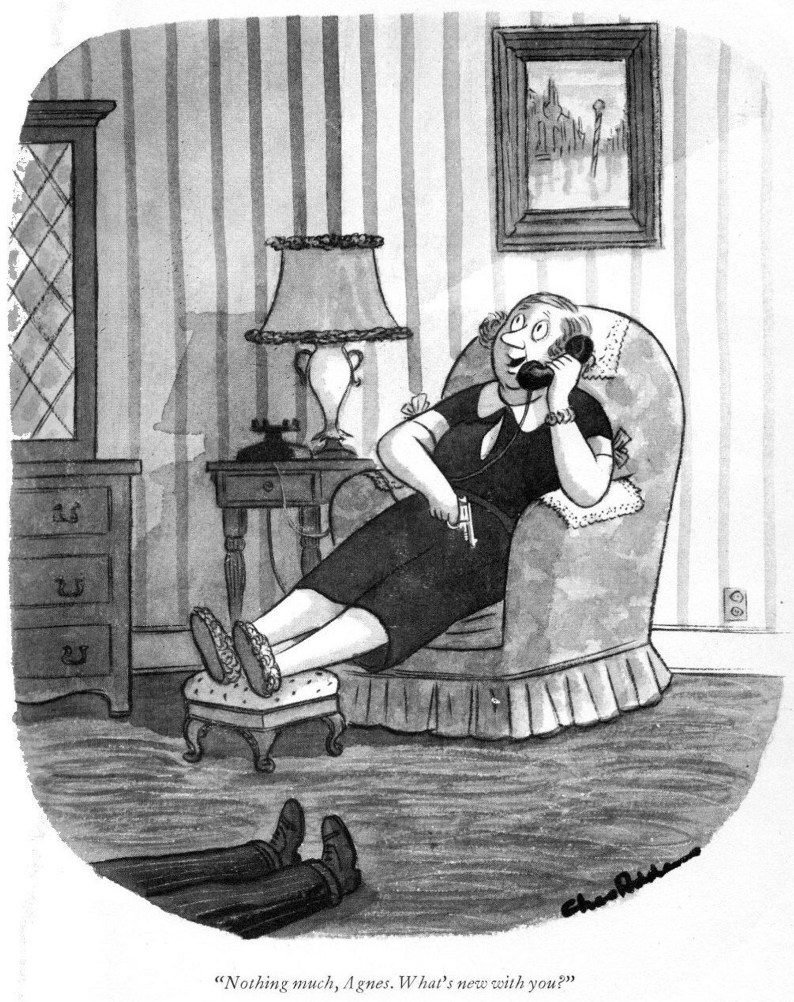 An older woman relaxing on a sofa chair answers the phone and says “Nothing much, Agnes. What’s new with you?” We can see that she is holding a gun in her other hand and the legs of a man laying on the floor are visible.