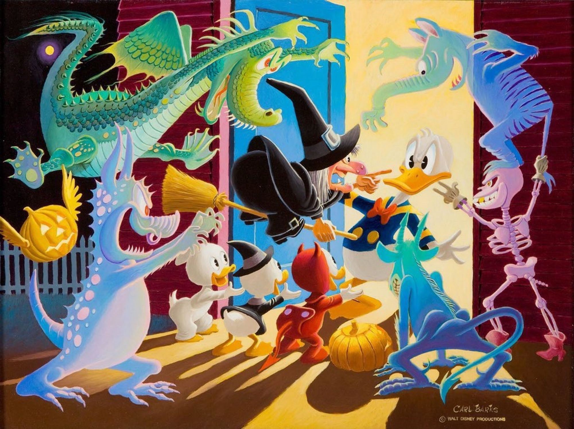 A painting of Donald Duck opening his door on Halloween to find Huey, Dewey, and Louie, dressed as a ghost, a witch, and a devil, along with Witch Hazel and various monsters.