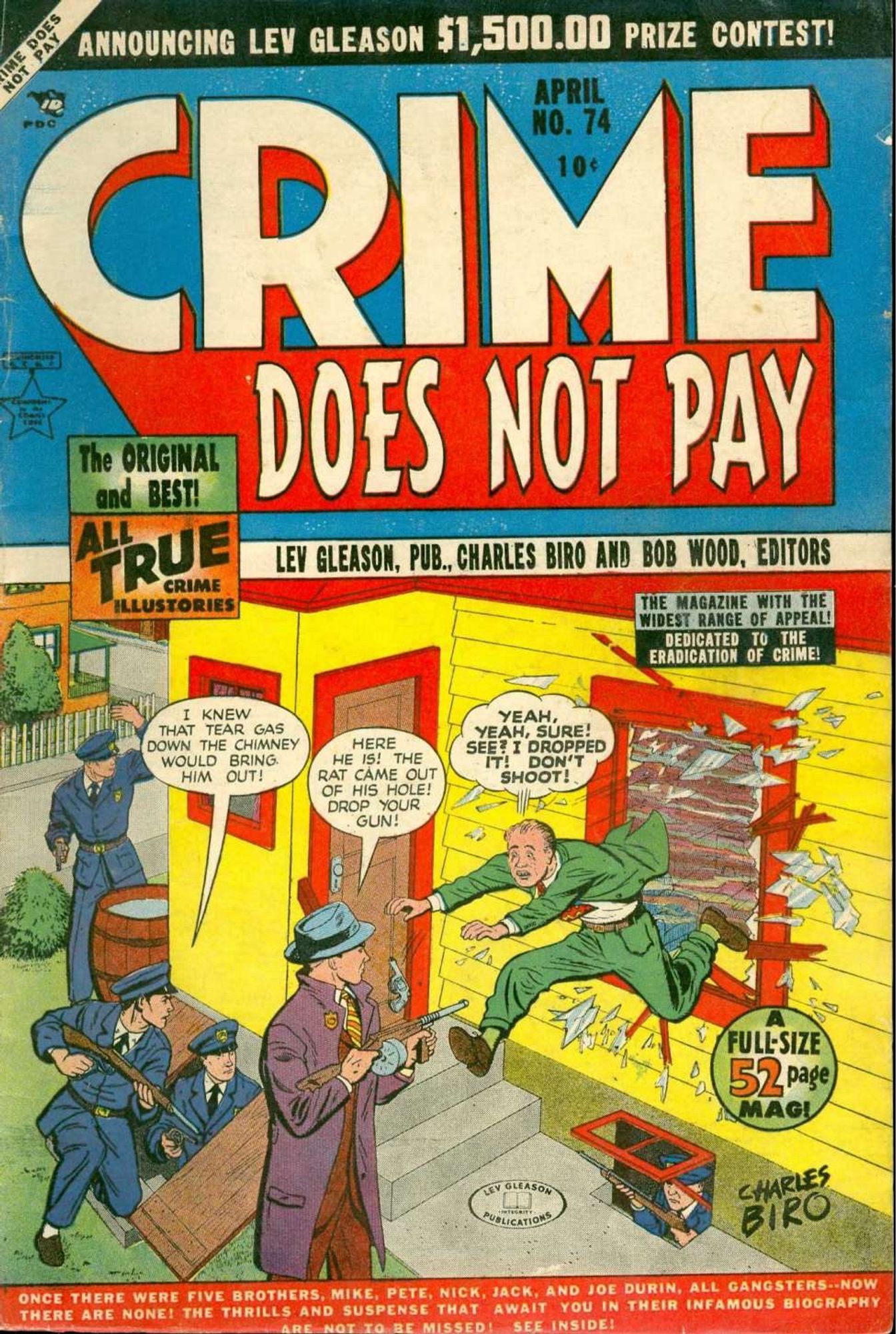 Crime Does Not Pay #74. The cover by Charles Biro shows a man jumping out the window after the police threw tear gas inside. Four cops with guns drawn are waiting for him.