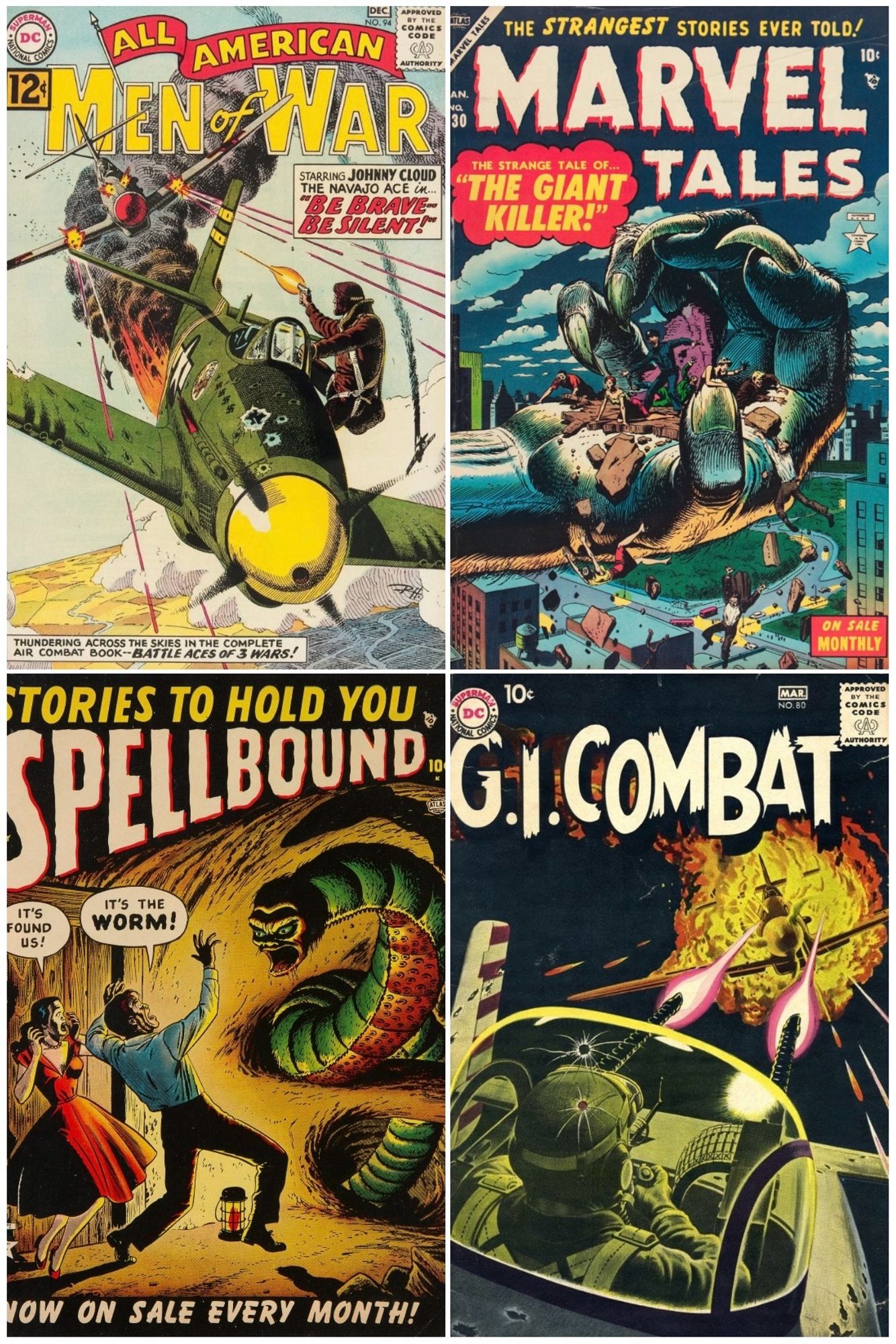 Four covers by Heath from All-American Men-at-War #94, Marvel Tales #130, Spellbound #3, and G.I. Combat #80.