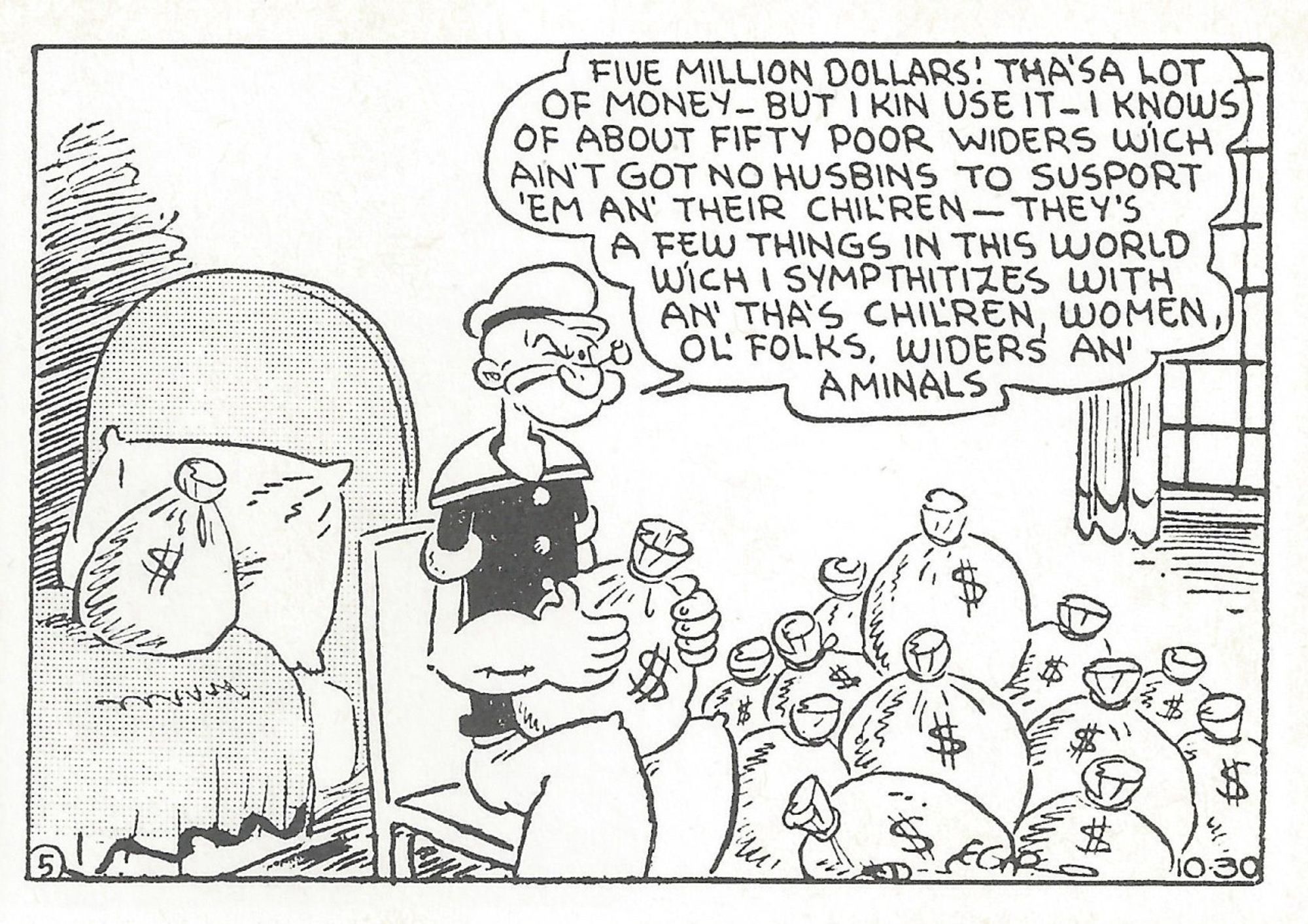 A panel from Popeye with bags of money ($5 million) that he is planning to donate to poor widows and their children.