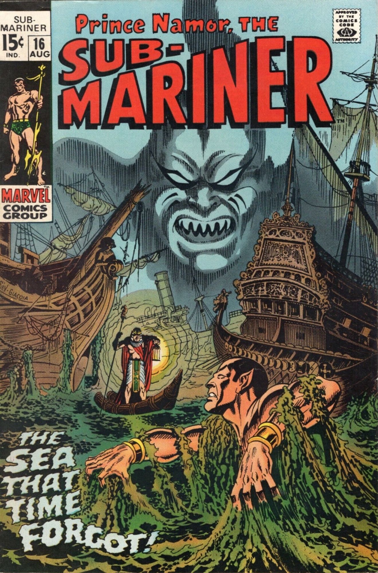 The Sub-Mariner #16 (1969). On the cover Namor is at a graveyard of old ships, trying free himself from some green muck trying to pull him under, while someone holding a lantern approaches on a small boat.