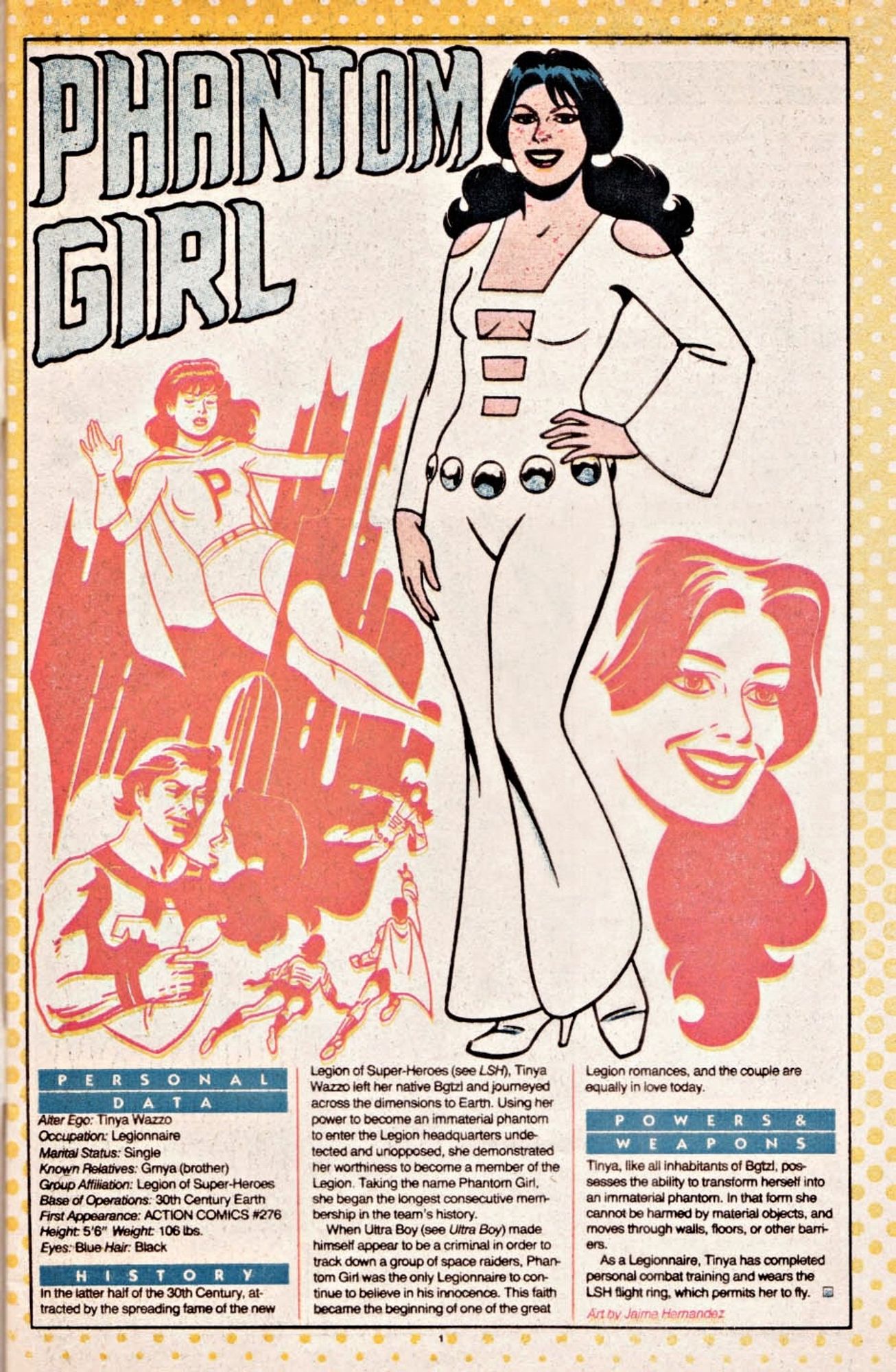 The Who’s Who in the DC Universe entry for  Phantom Girl. Art by Jaime Hernandez.