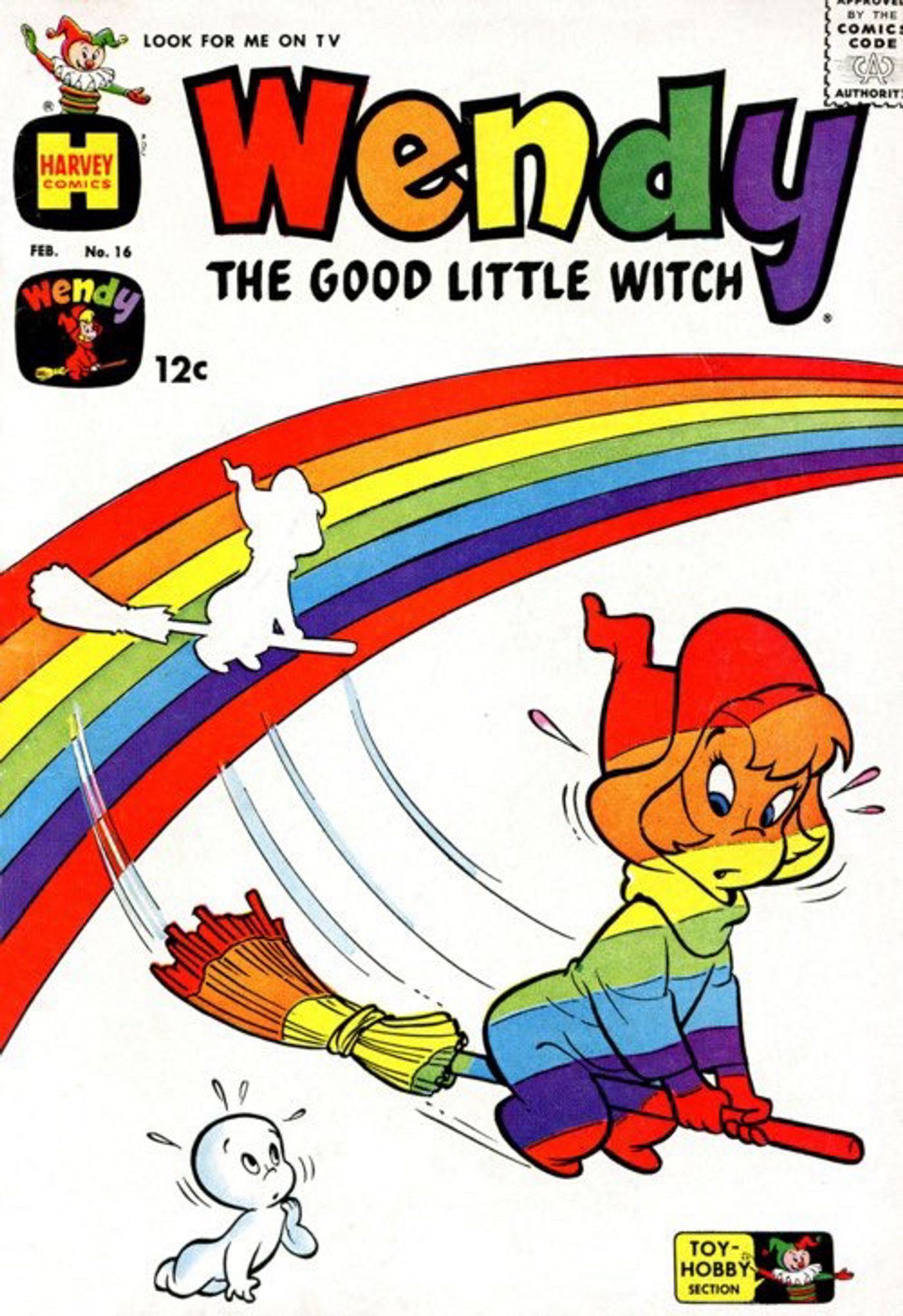 Wendy the Good Little Witch #16 (1963). Wendy flies her broom through a rainbow and the colors get stuck on her so she is basically rainbow colored now.