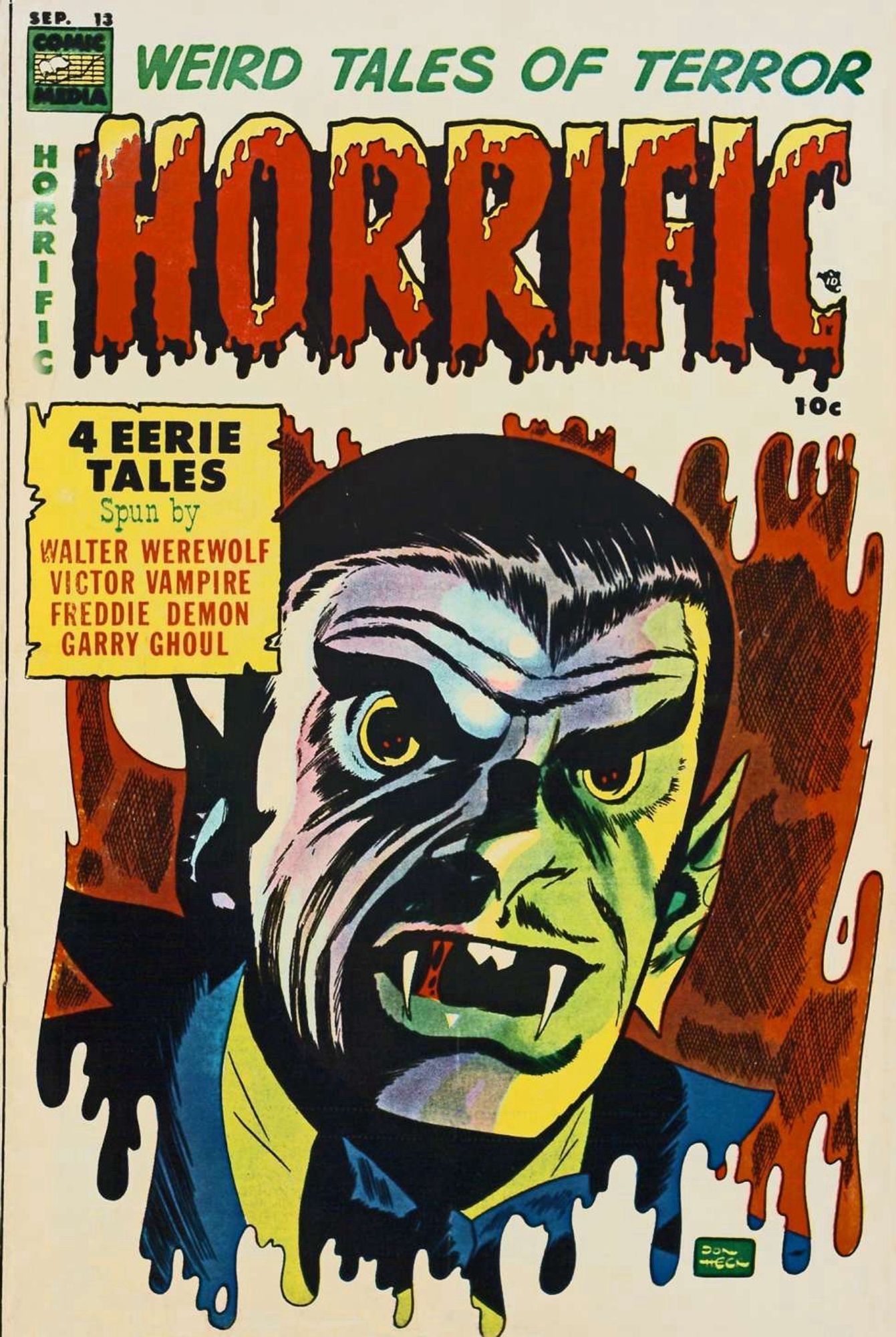 Horrific #13 (1954.) The cover image is a close-up of a vampire.