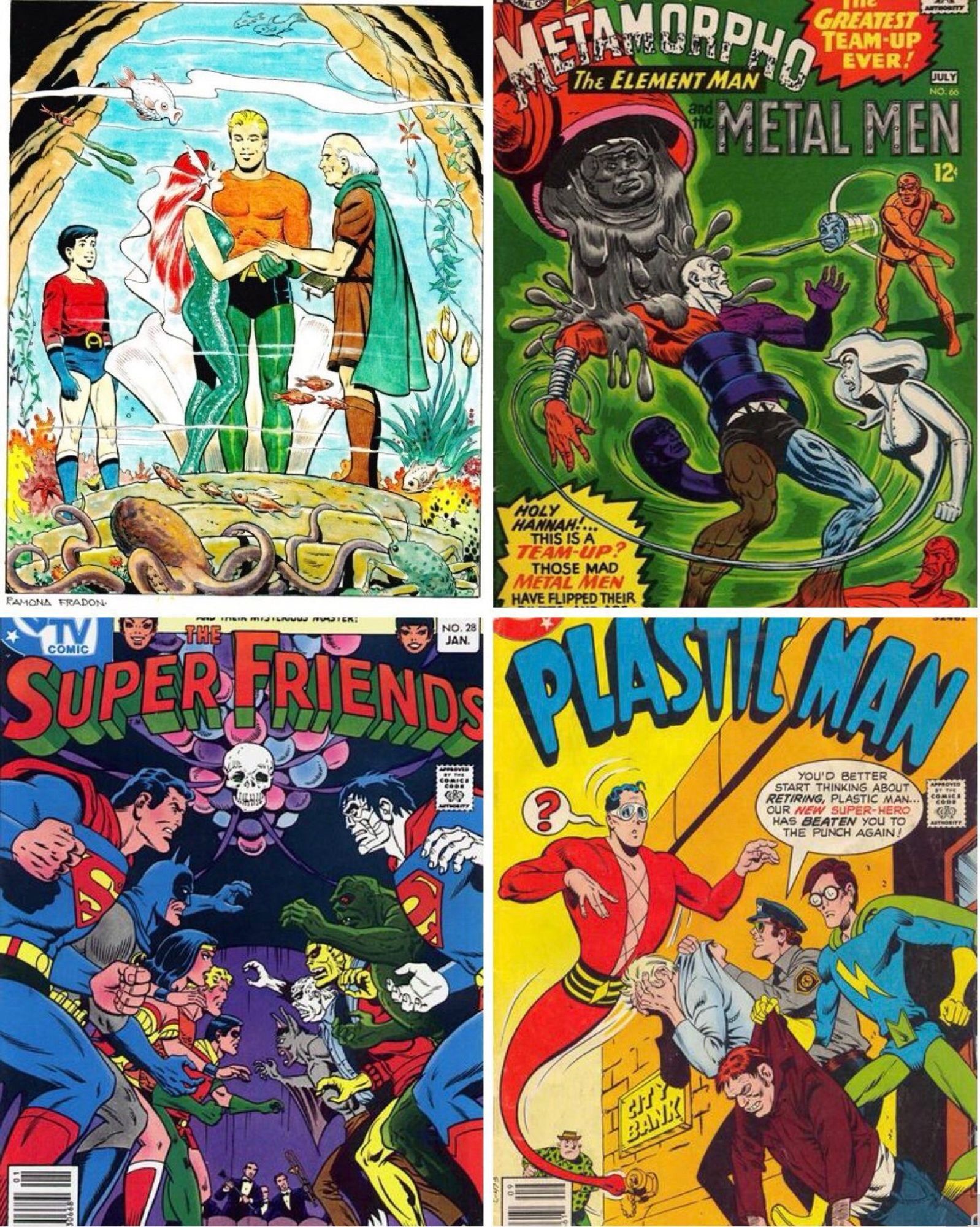 A commission she did of Aquaman’s wedding and three comic books she did the covers and/or the interior art for: The Brave and the Bold #66, featuring Metamorpho and the Metal Men, Superfriends #28, and Plastic Man #19.