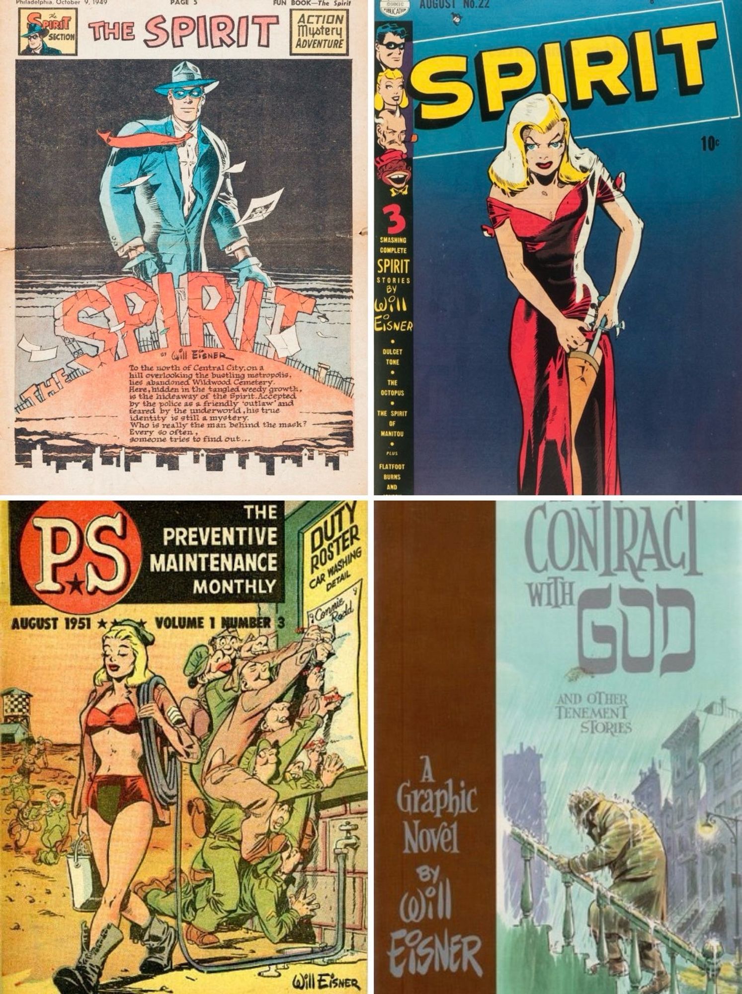 A Spirit weekly newspaper comic insert, a Spirit comic book, an issue of PS The Preventative Maintenance Monthly, and Eisner’s A Contract with God graphic novel.