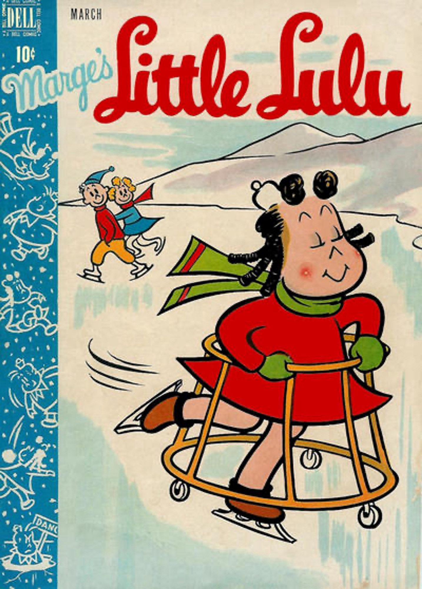 Marge’s Little Lulu #9. The cover by John Stanley shows Little Lulu and two other kids ice-skating, but Lulu is using a wheeled walker to keep from falling.