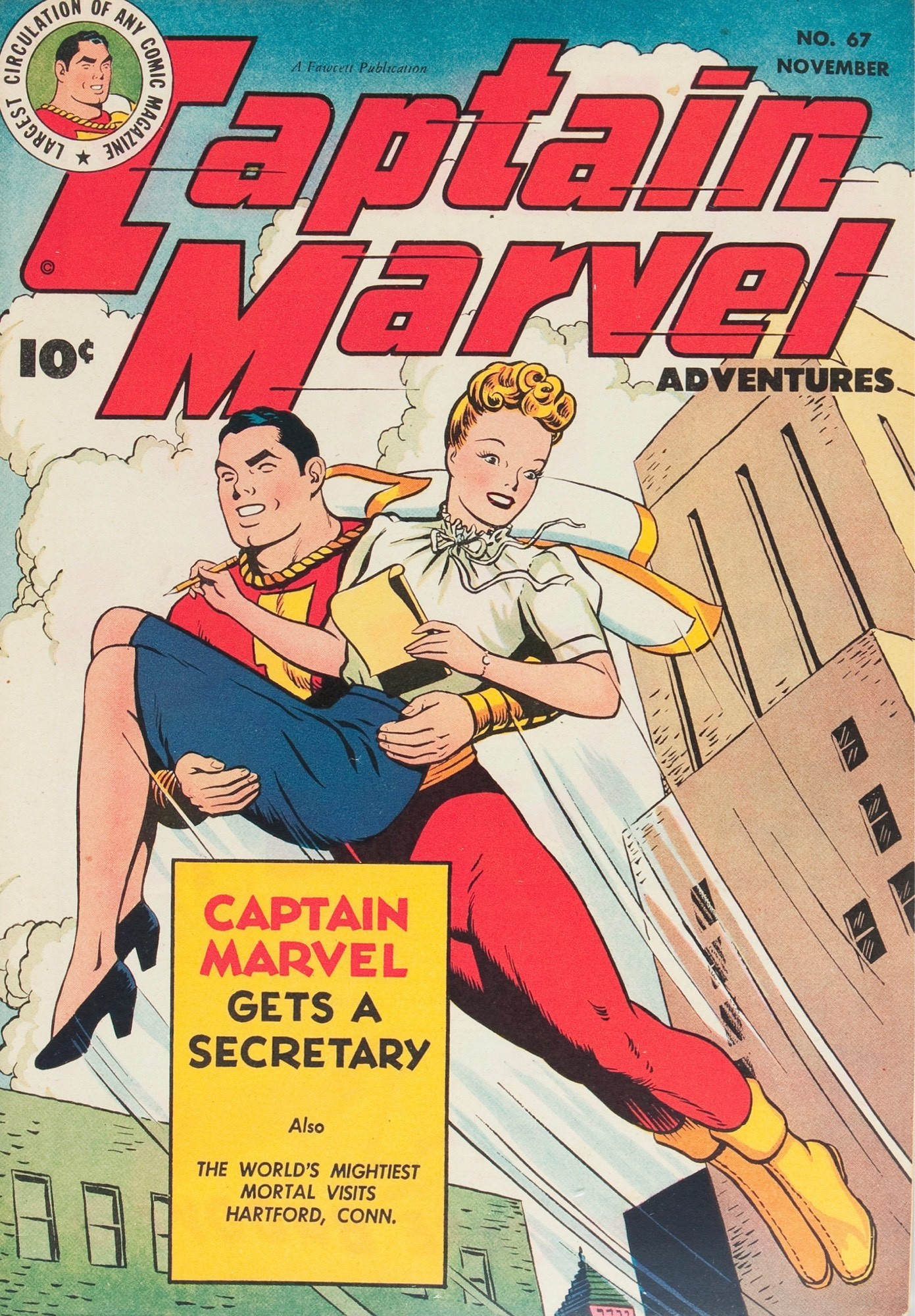 Captain Marvel Adventures #67 (1946). Cap is flying and holding a woman in his arms above the caption “Captain Marvel Gets a Secretary.”