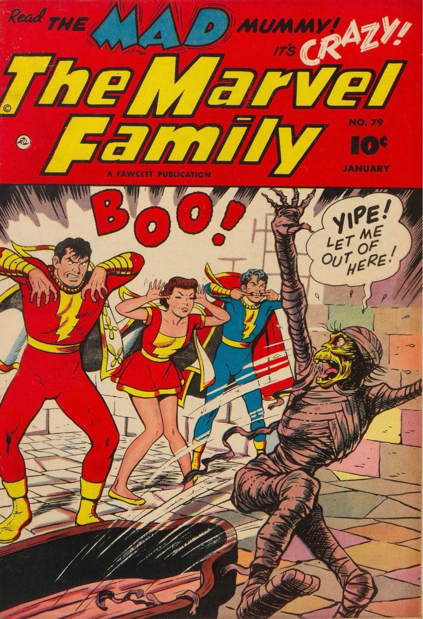 Captain Marvel, Mary Marvel, and Captain Marvel Jr. make scary faces to scare off a real mummy.