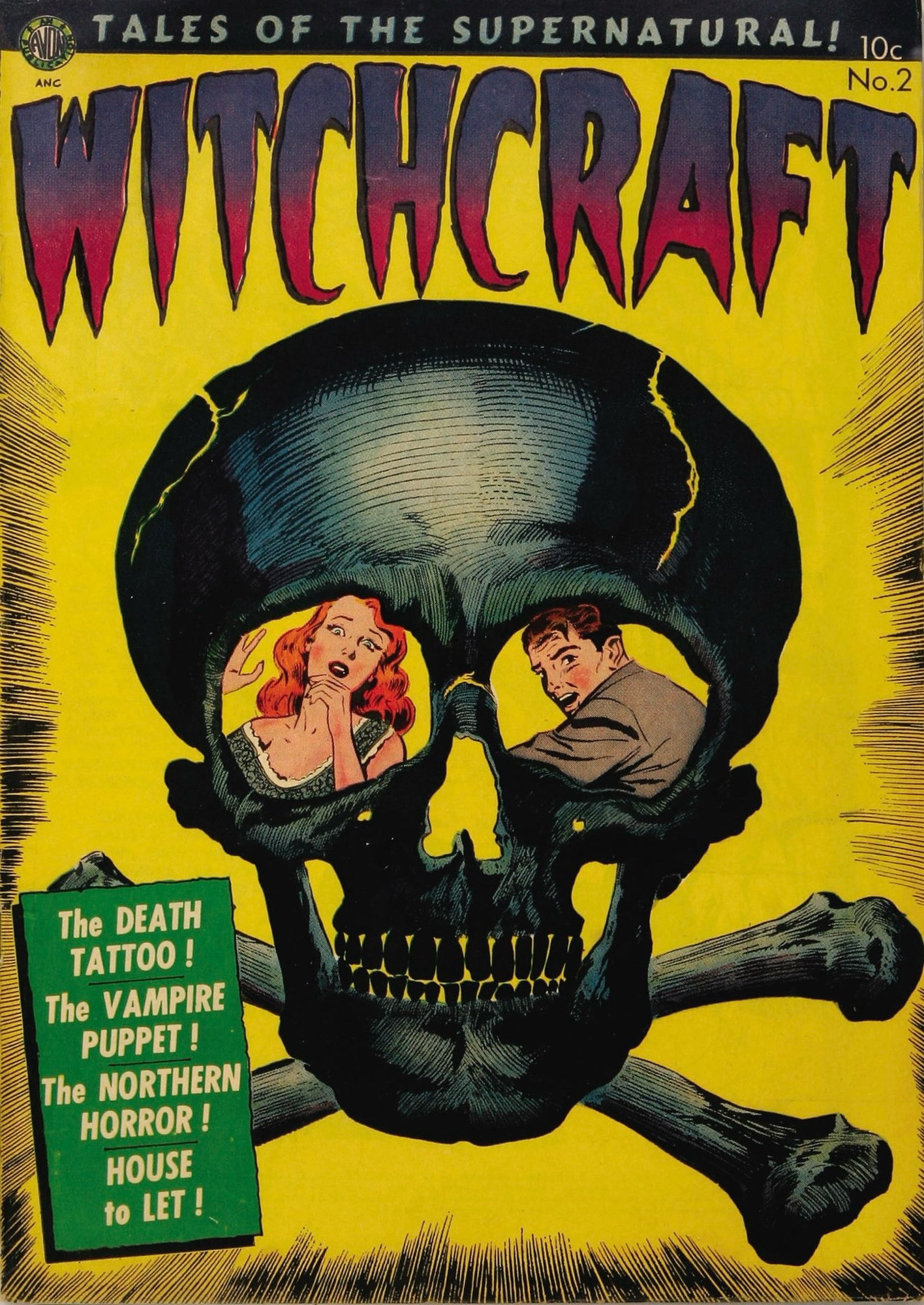 Witchcraft #2 (1952). The cover shows a skull and crossbones and in each eye socket is a man and woman looking terrified.