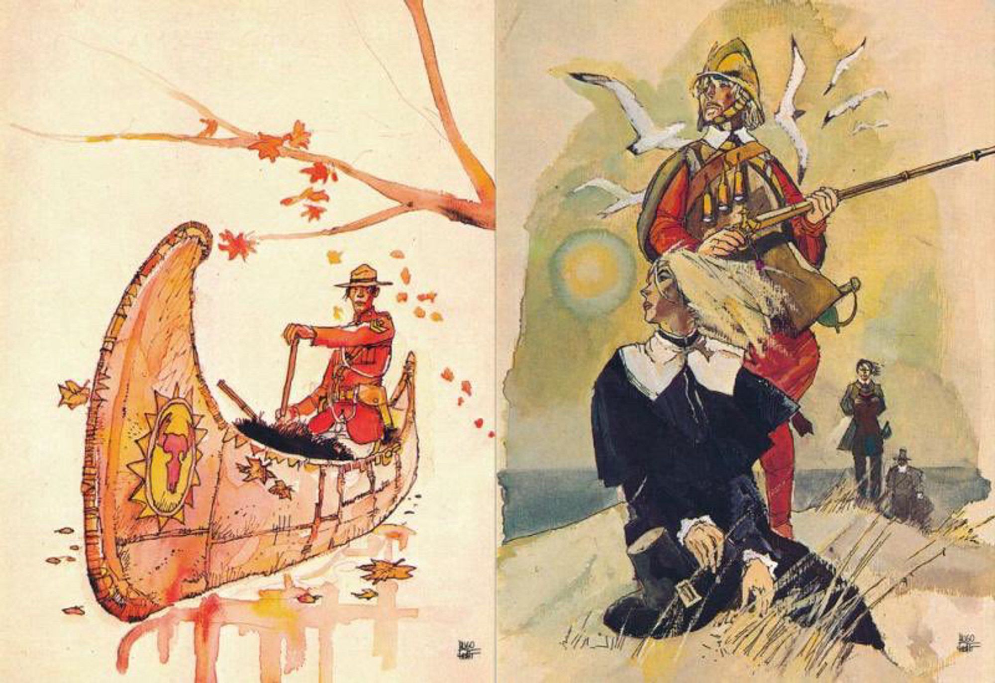 Other examples of his art, one of a man in a canoe, and another of a woman with an armed soldier behind her.