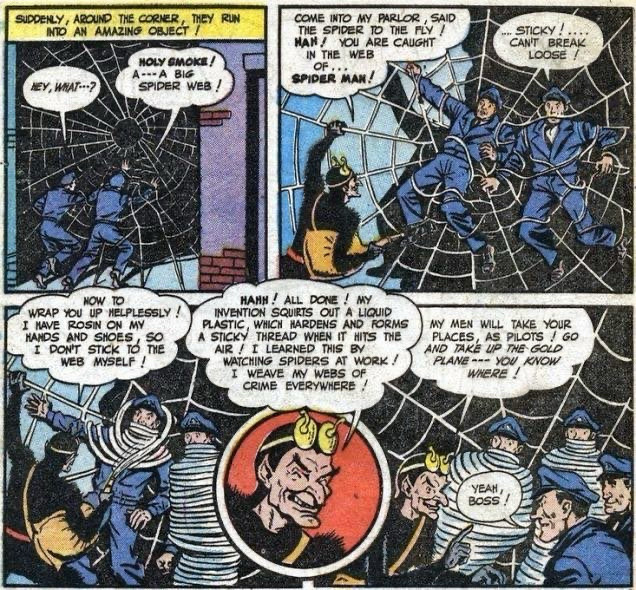 Three panels from a Golden Age Captain Marvel comic featuring a creepy villain named Spider Man who has trapped several cops in his web.