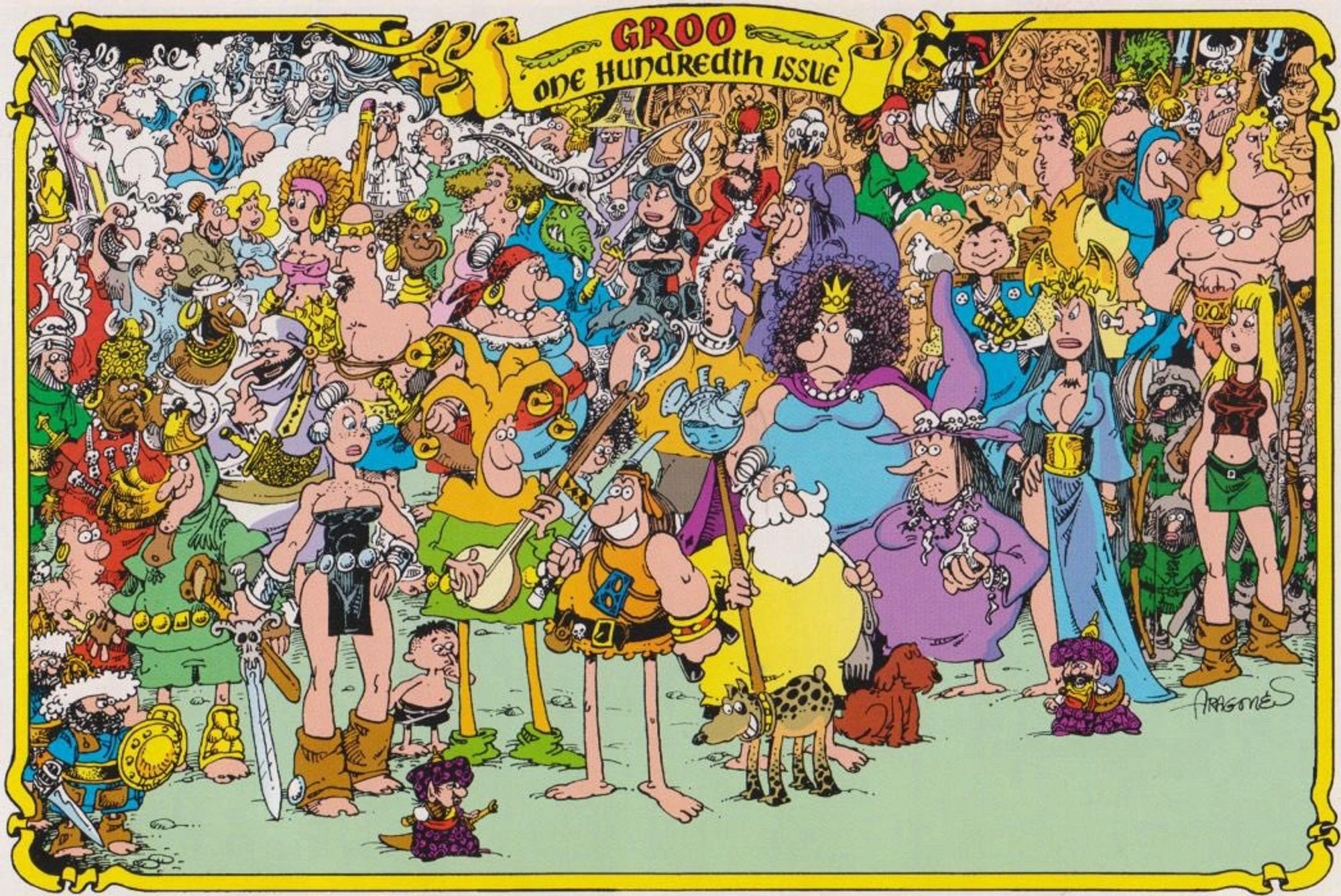 An image celebrating the 100th issue of Groo, featuring dozens of characters