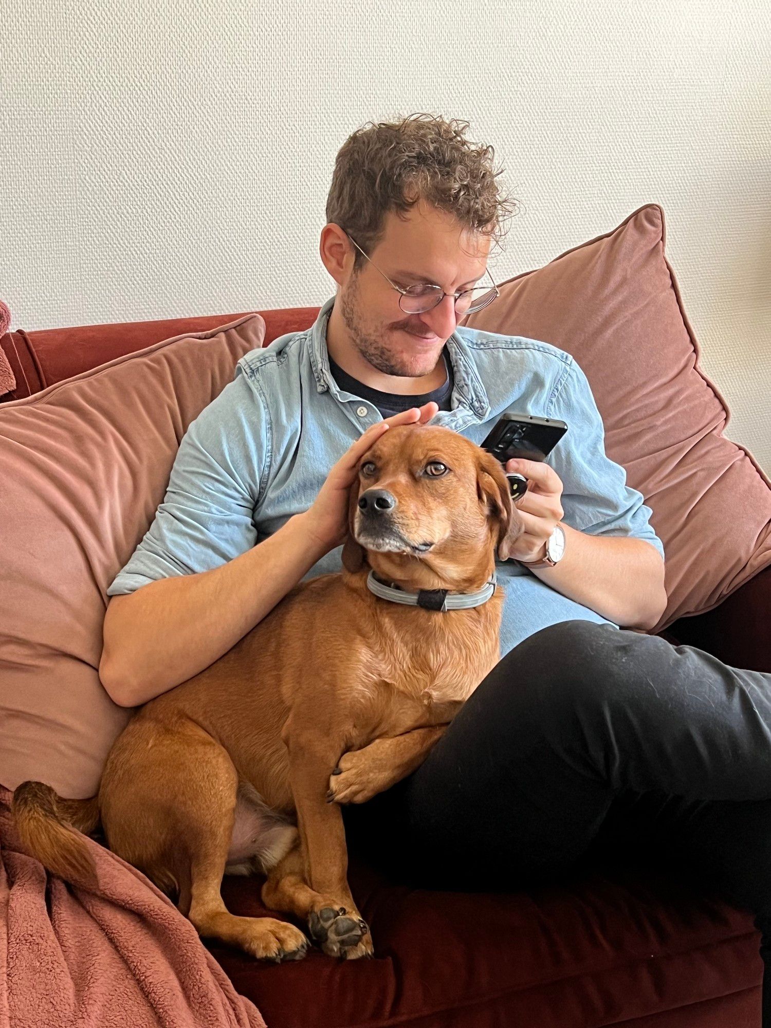 Un homme assis sur un canapé en souriant, en train de caresser un chien posé sur ses genoux