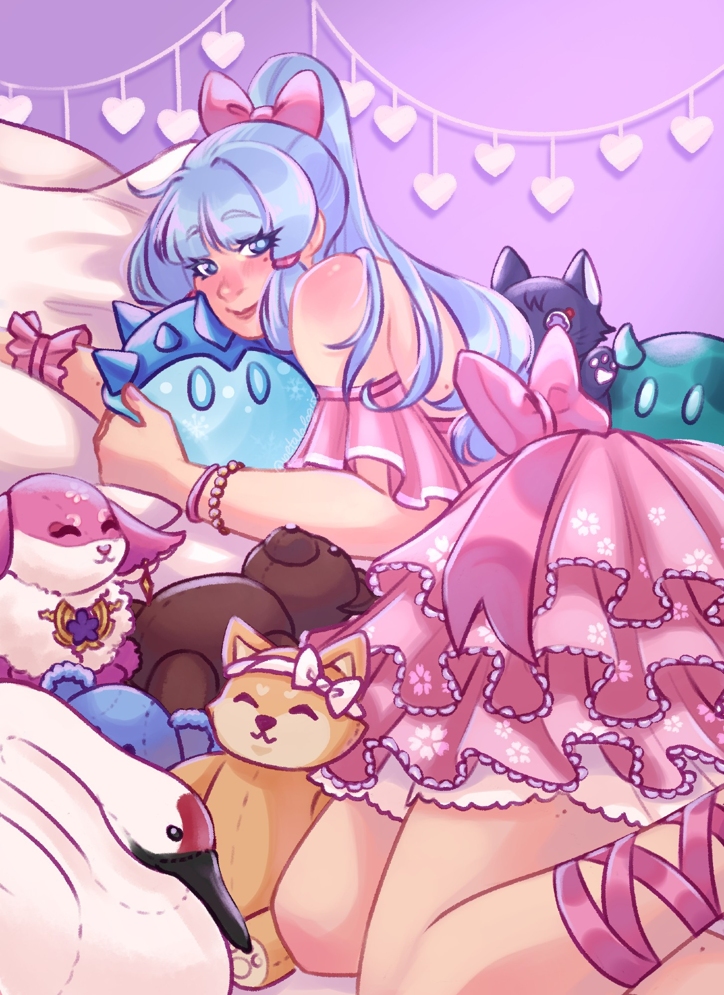 A drawing of Kamisato Ayaka from Genshin Impact, dressed in a pink ruffly dress and surrounded by a pile of stuffed animals.