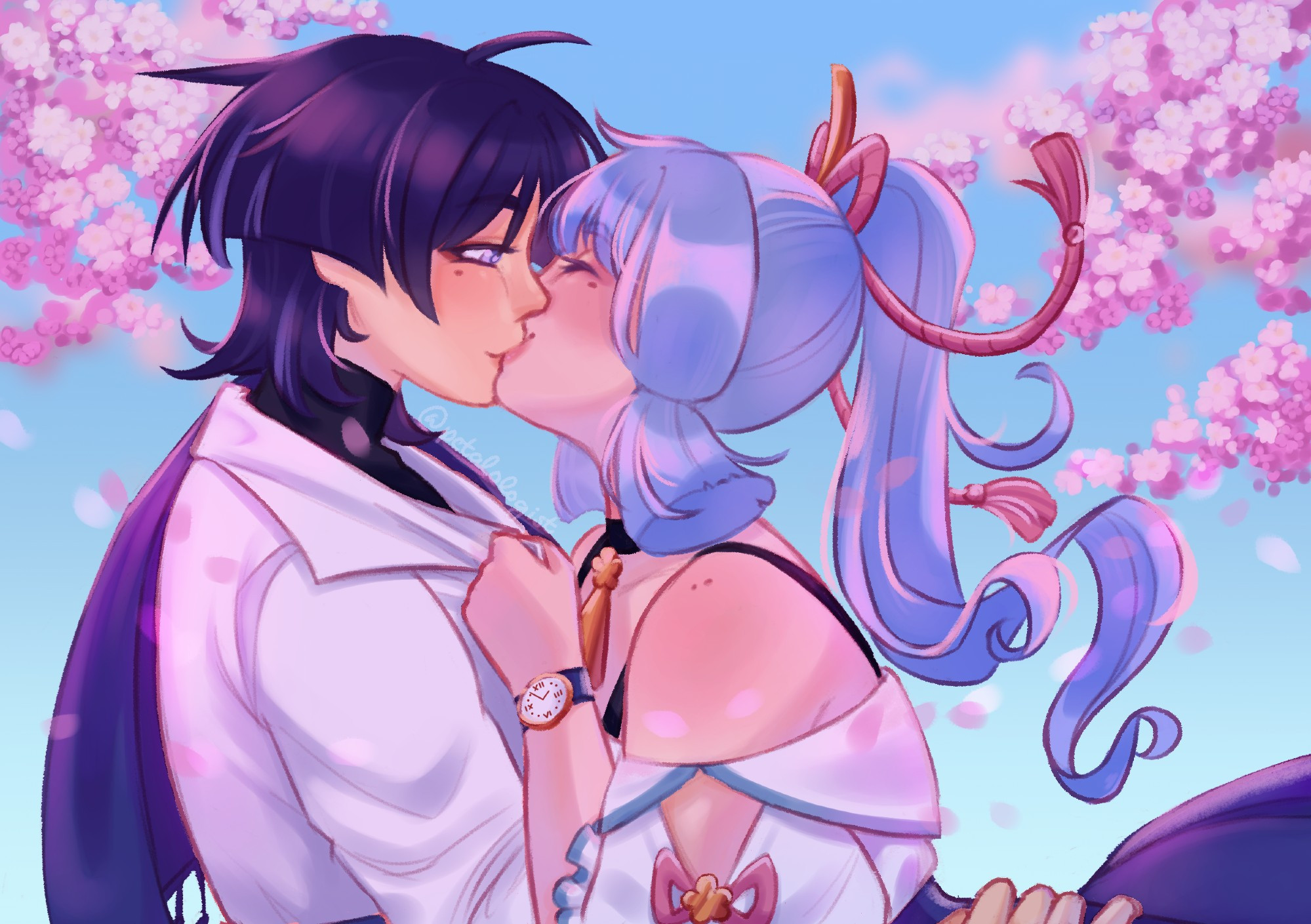 A drawing of Scaramouche/Wanderer and Kamisato Ayaka from Genshin Impact. Ayaka is pulling Scaramouche down into a kiss, and they are surrounded by cherry blossoms.