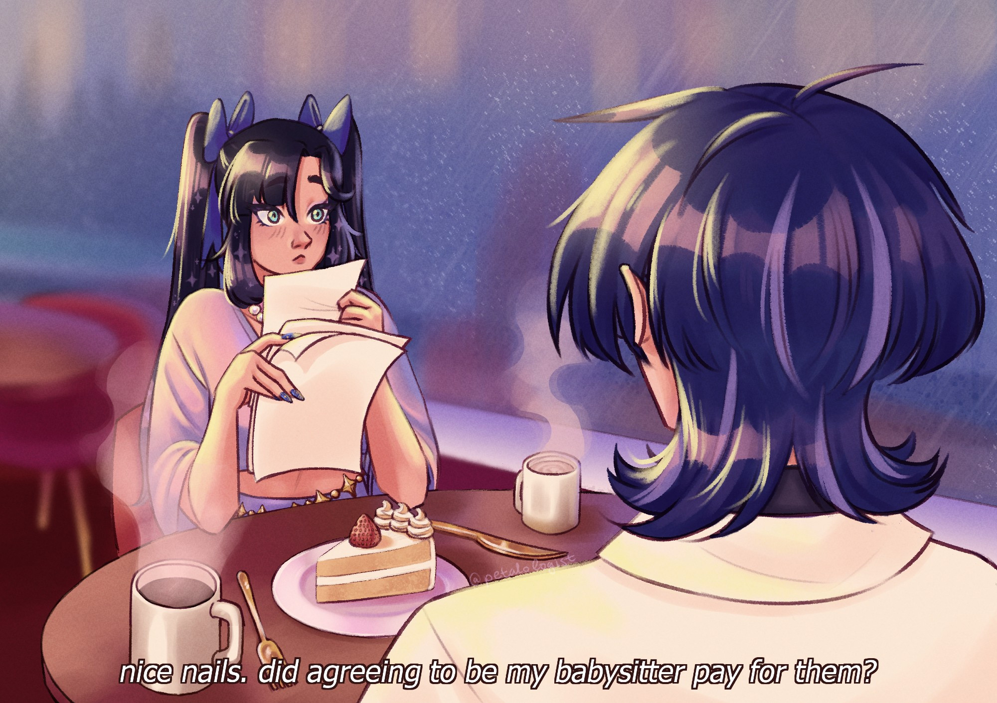 A drawing of Scaramouche and Mona Megistus from Genshin Impact in a modern AU. They are sat in a cafe with coffee and cake on their table, and it is raining outside the window. The bottom subtitles read, "Nice nails. Did agreeing to be my babysitter pay for them?"