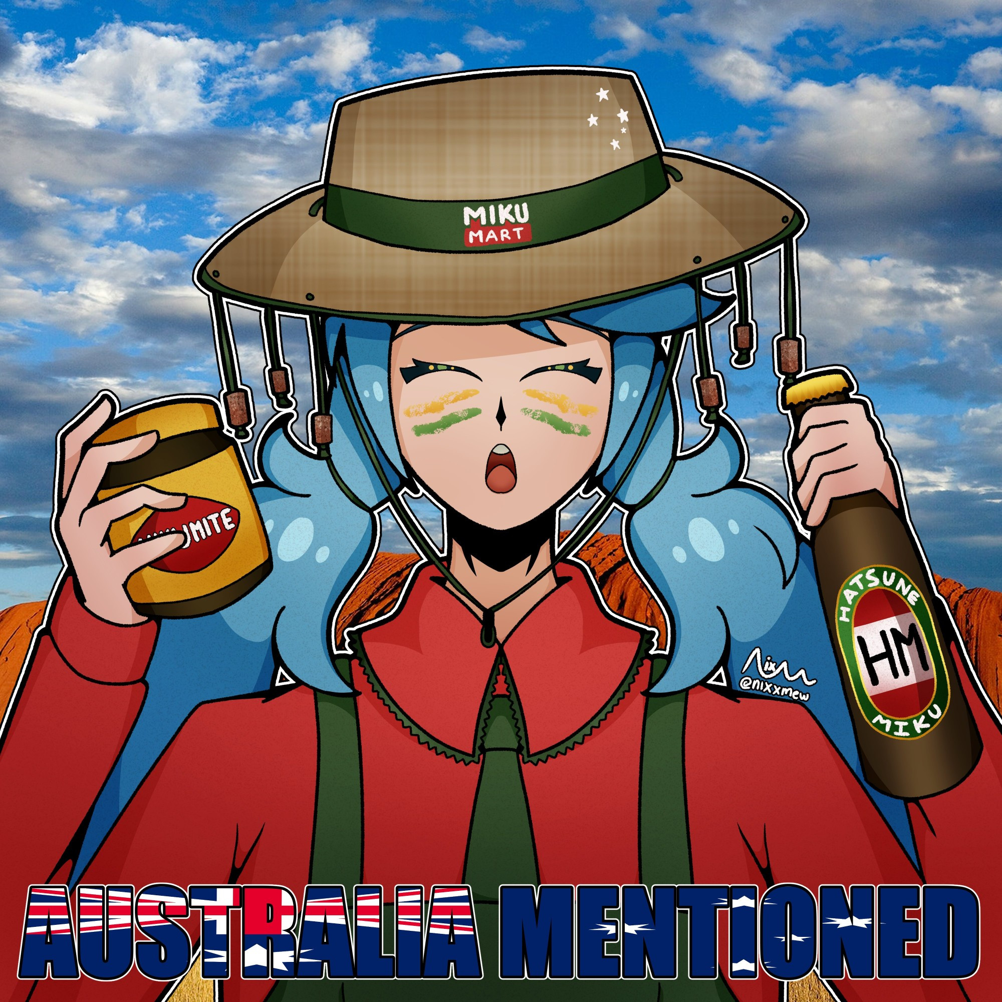 Australian Aesthetic Hatsune Miku. She's wearing a "Miku Mart" [Bunnings] cork hat, and is holding a jar of "Mikumite" [Vegemite] and "Hatsune Miku" branded bottle [VB beer]. The caption says "AUSTRALIA MENTIONED"