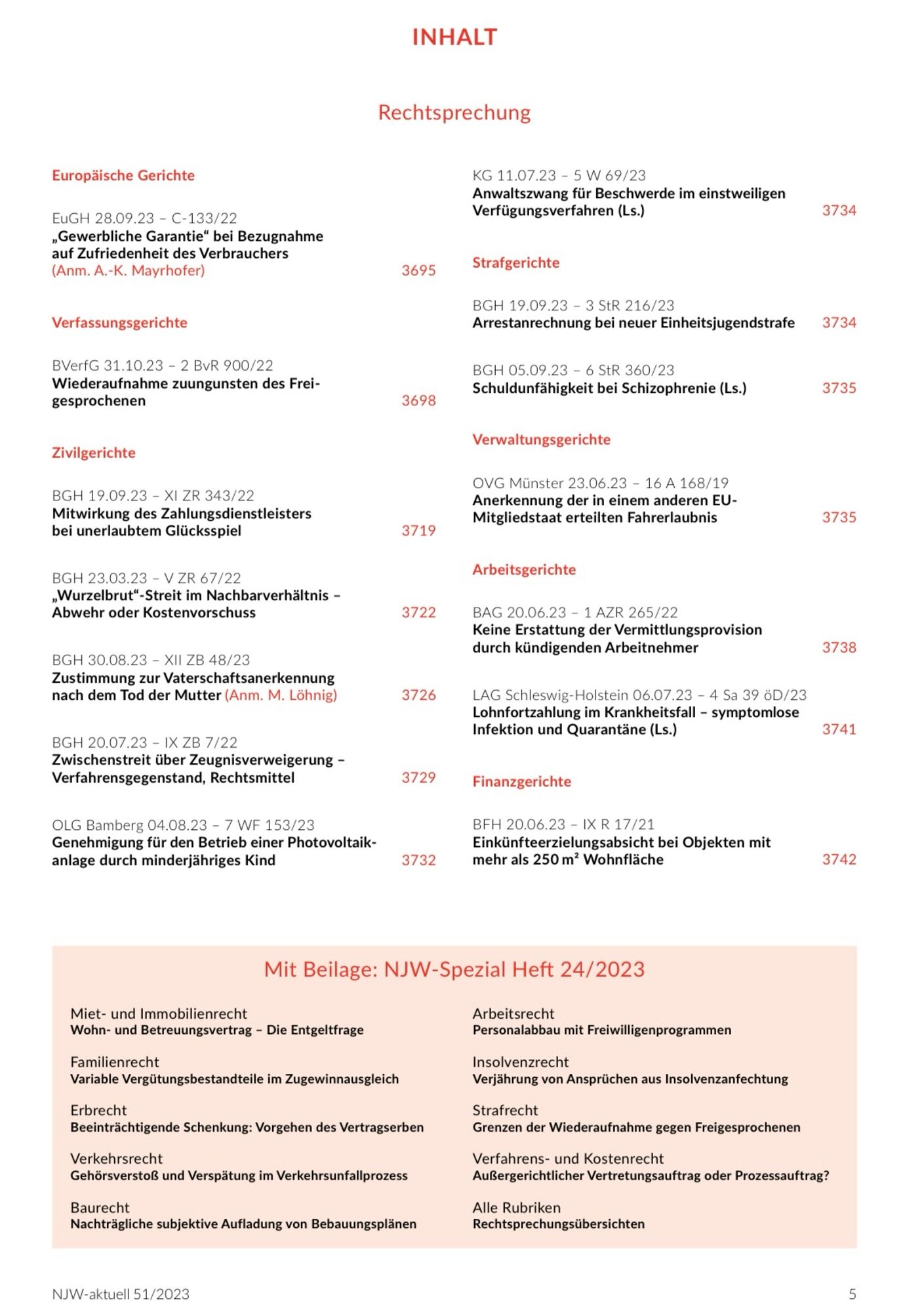 Seite 2 des Inhaltsverzeichnisses der NJW 51/2023