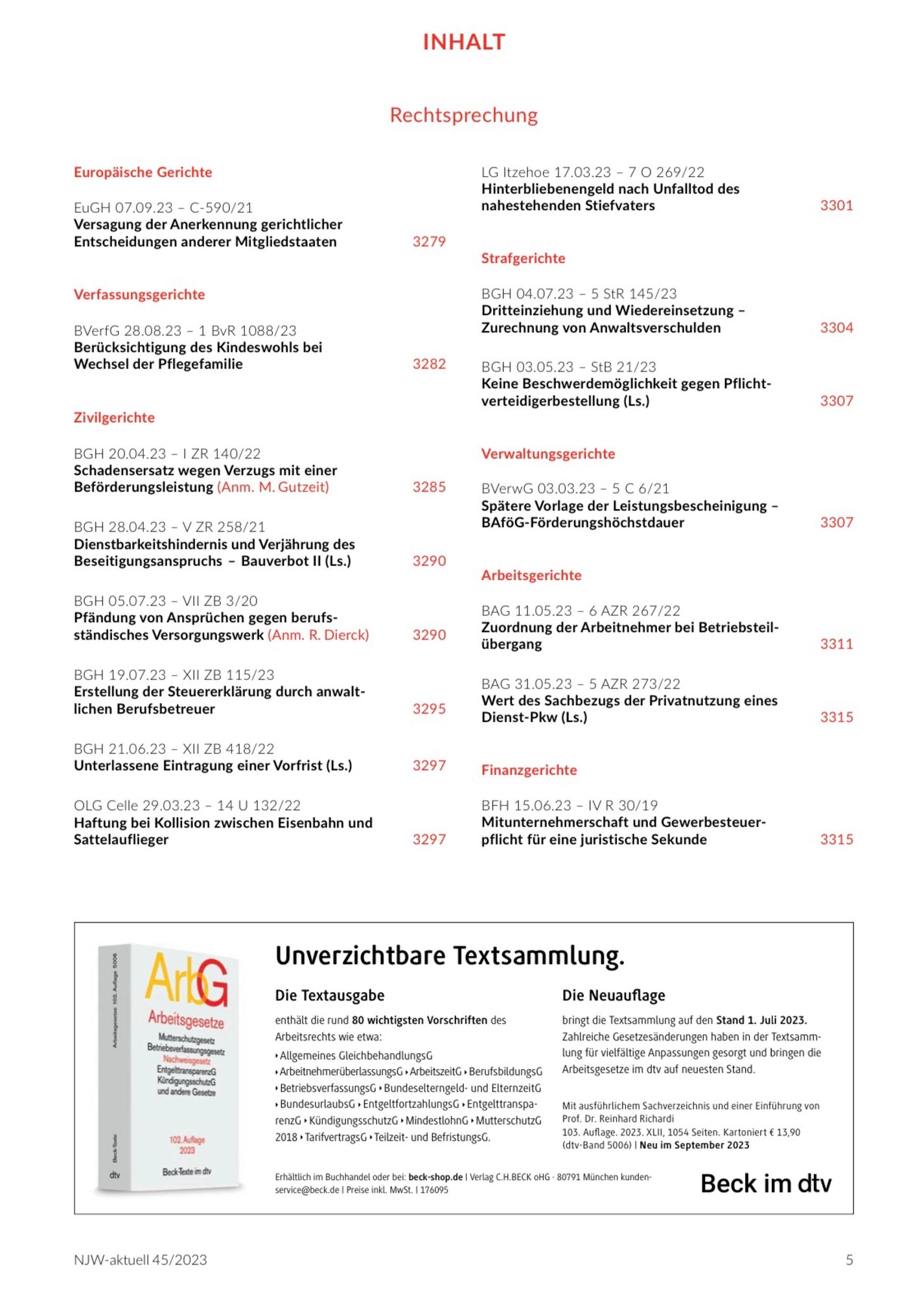 Seite 2 des Inhaltsverzeichnisses der NJW 45/2023