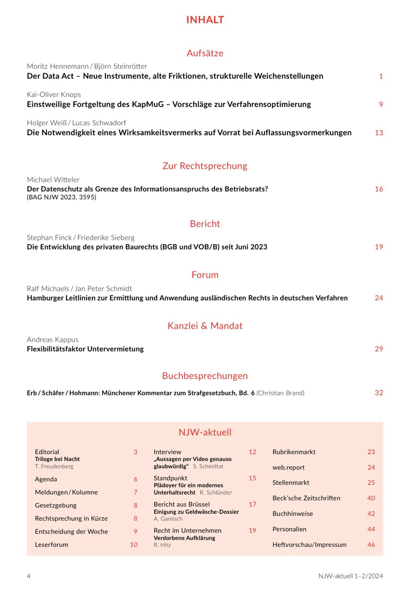 Seite 1 des Inhaltsverzeichnisses der NJW 1-2/2024