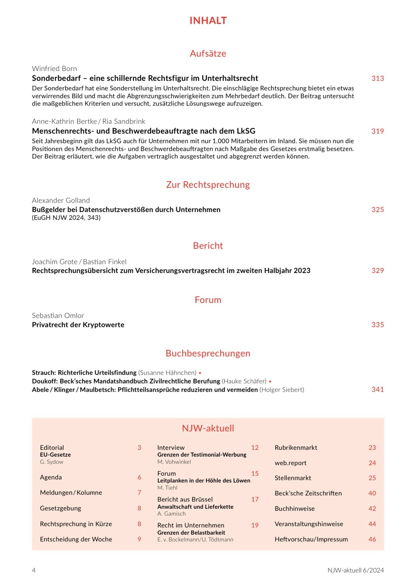 Seite 1 des Inhaltsverzeichnisses der NJW 6/2024