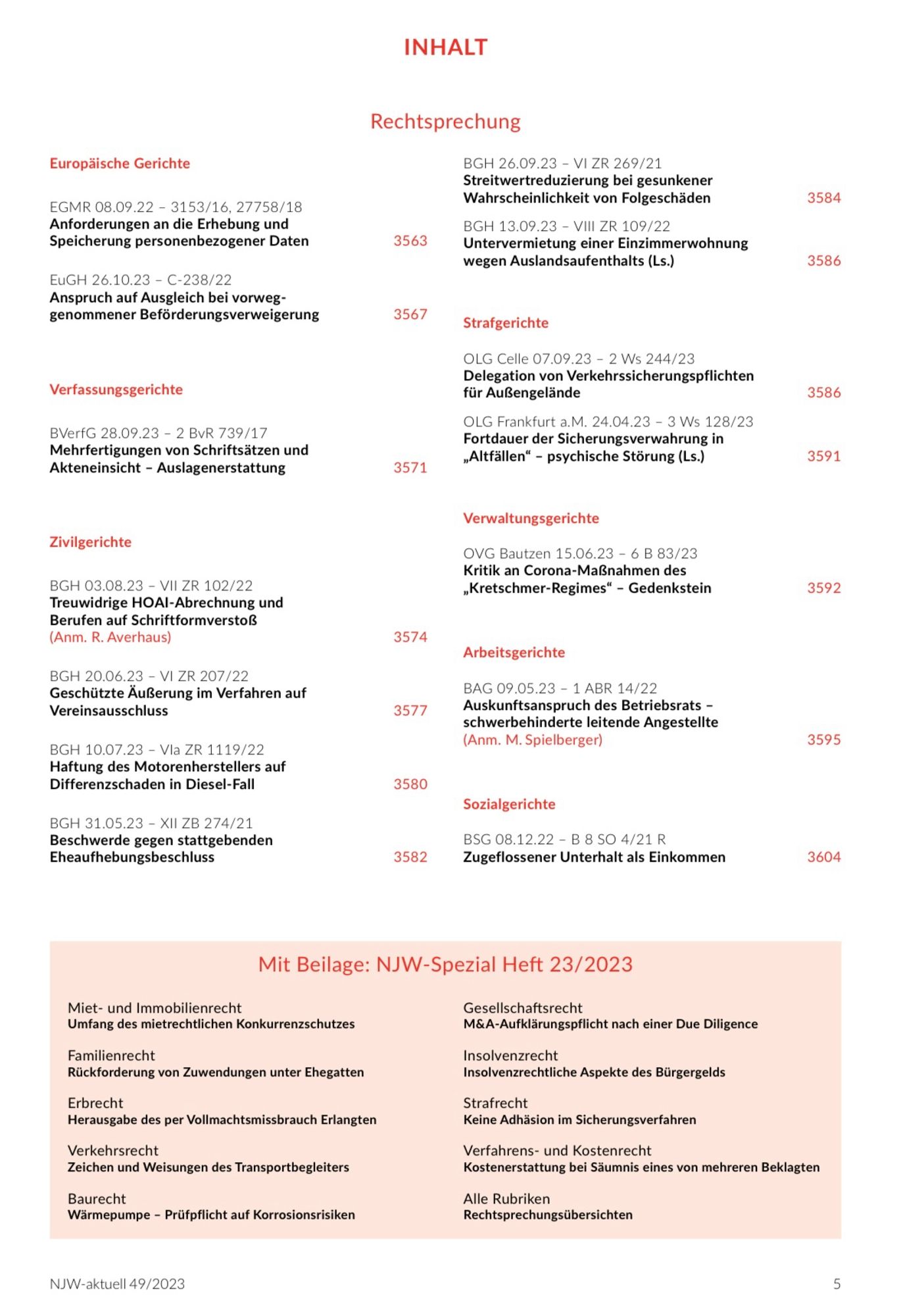 Seite 2 des Inhaltsverzeichnisses der NJW 49/2023