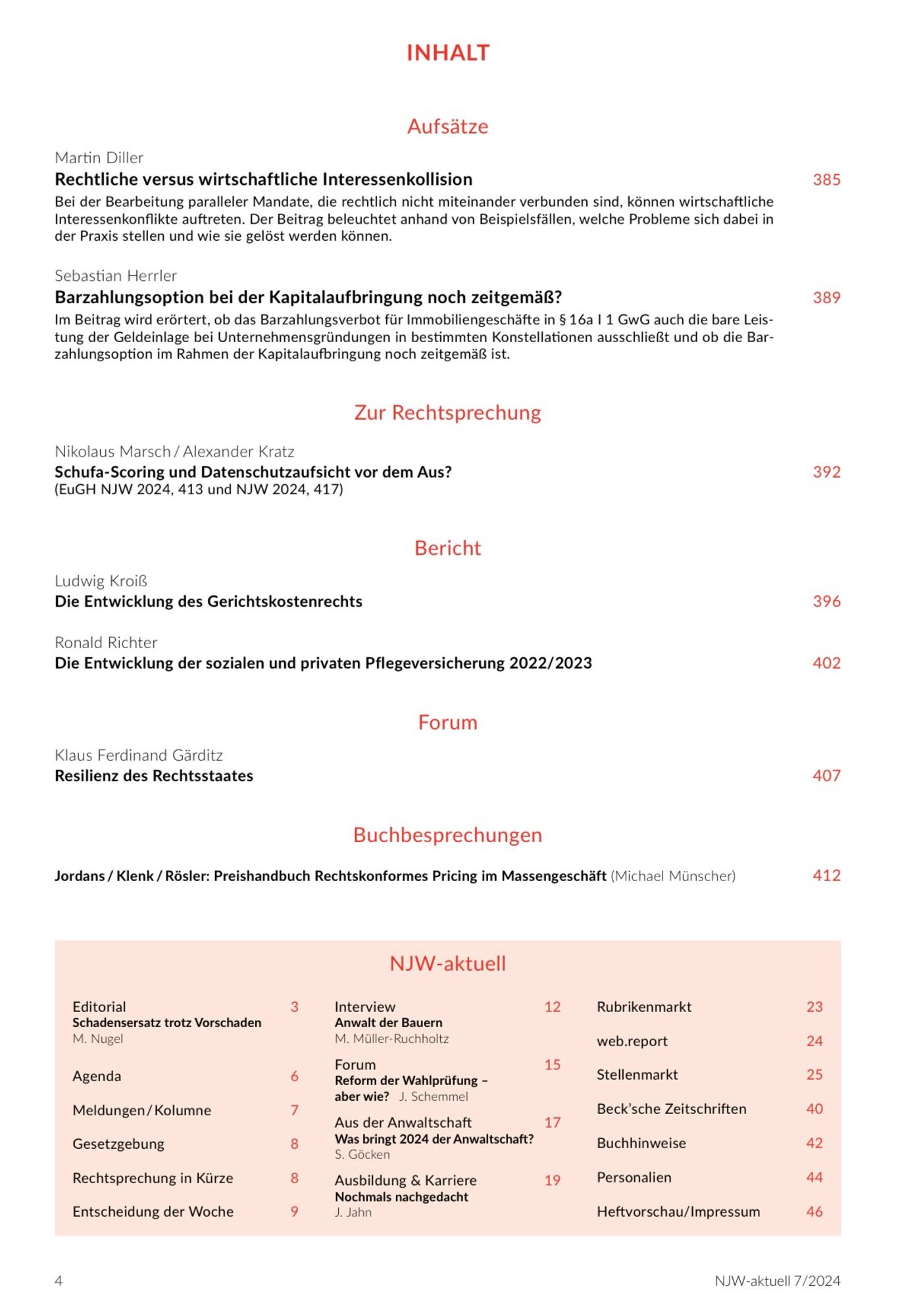 Seite 1 des Inhaltsverzeichnisses der NJW 7/2024