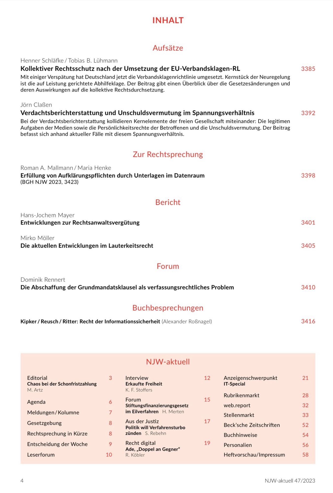 Seite 1 des Inhaltsverzeichnisses der NJW 47/2023