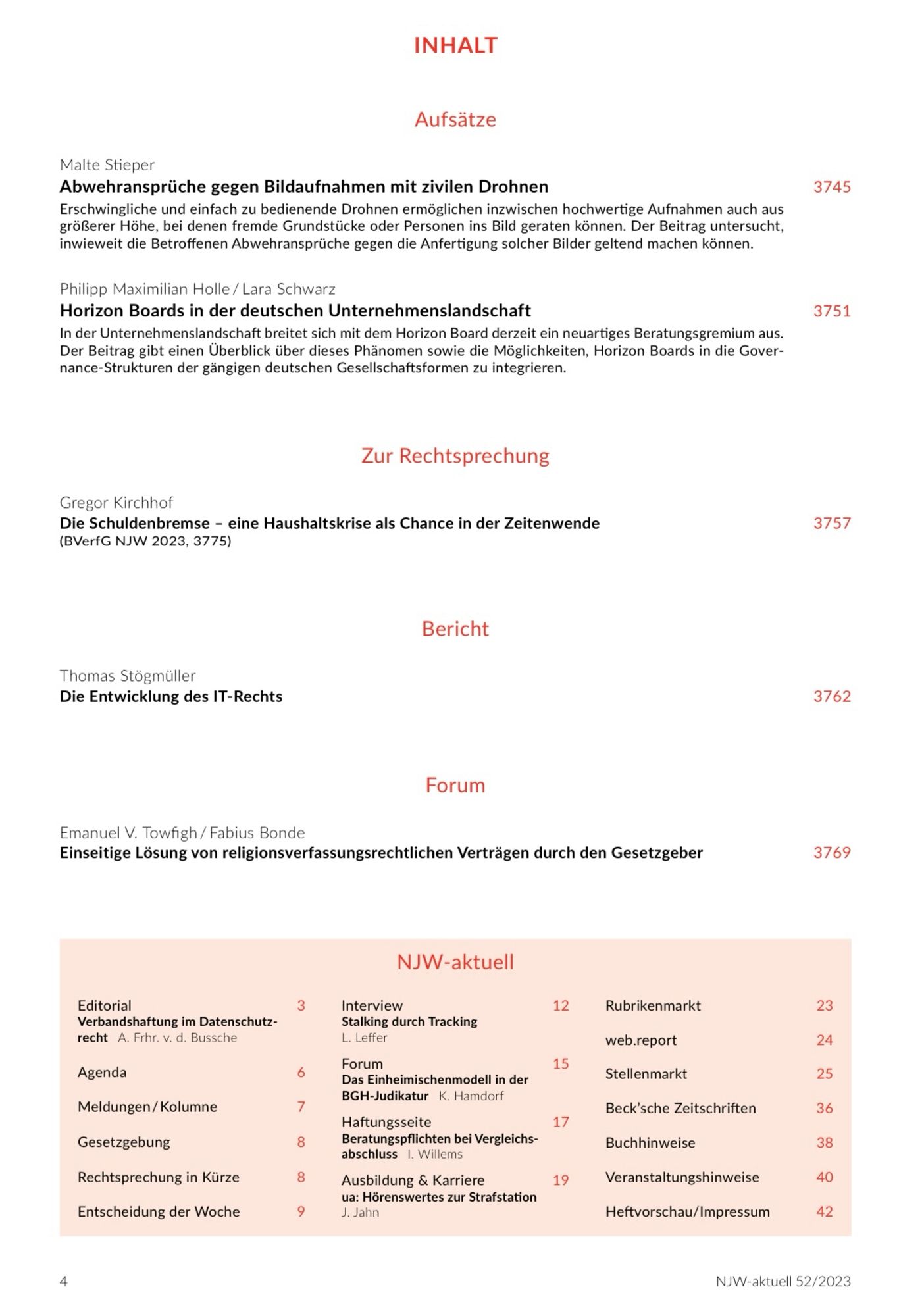 Seite 1 des Inhaltsverzeichnisses der NJW 52/2023