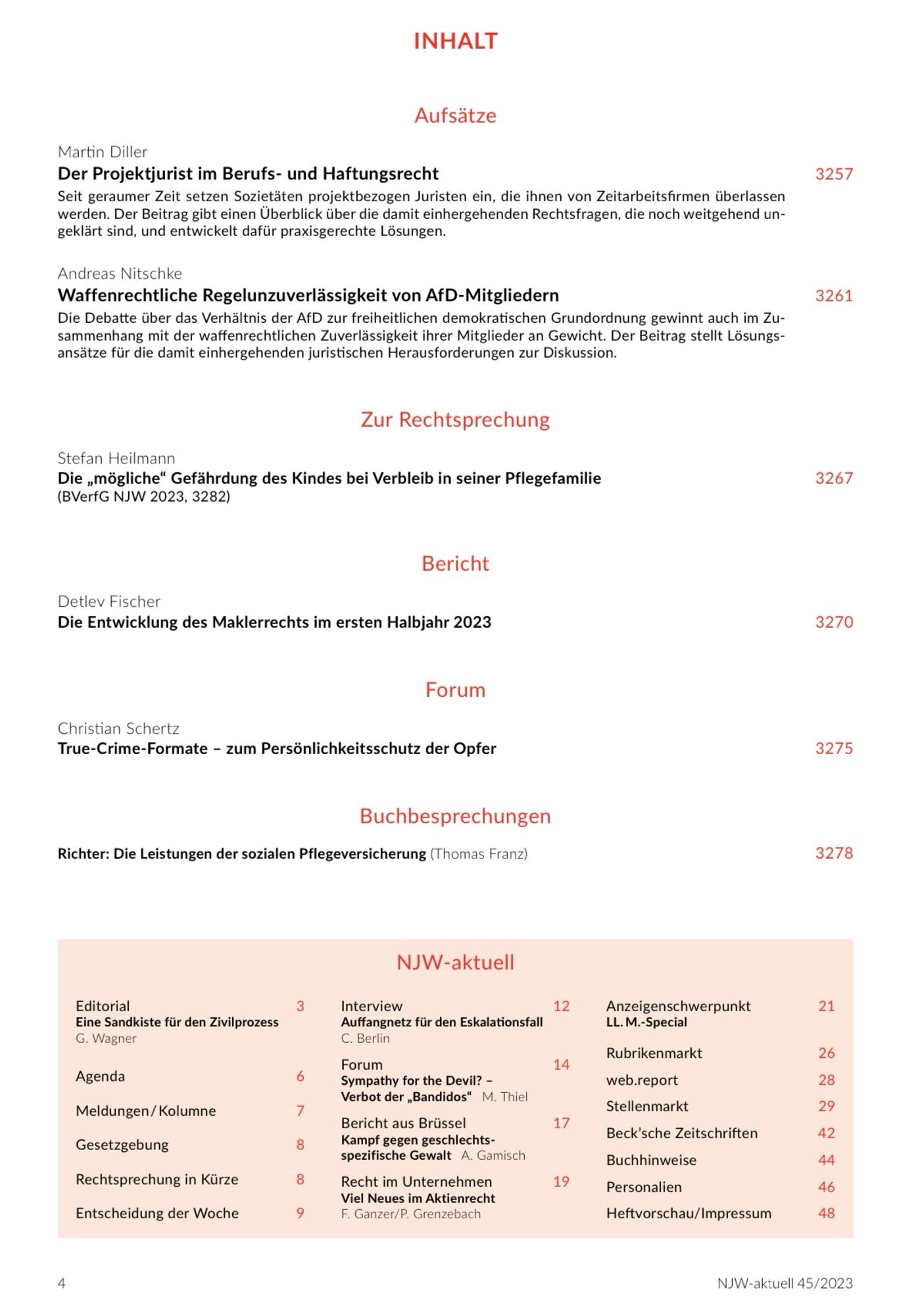 Seite 1 des Inhaltsverzeichnisses der NJW 45/2023